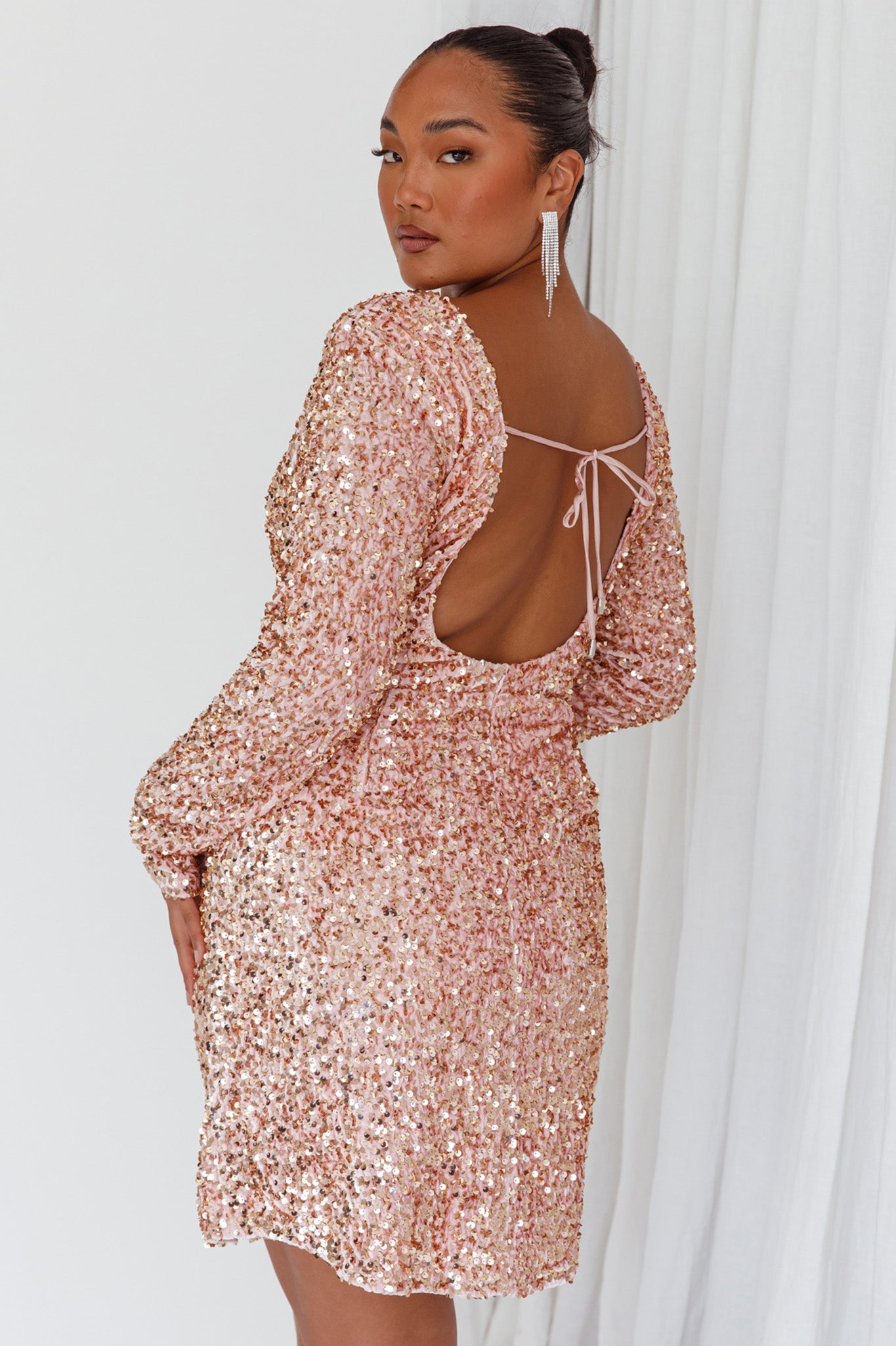 Demure Long Sleeve Open Back Dress Sequin Blush-Maymioy