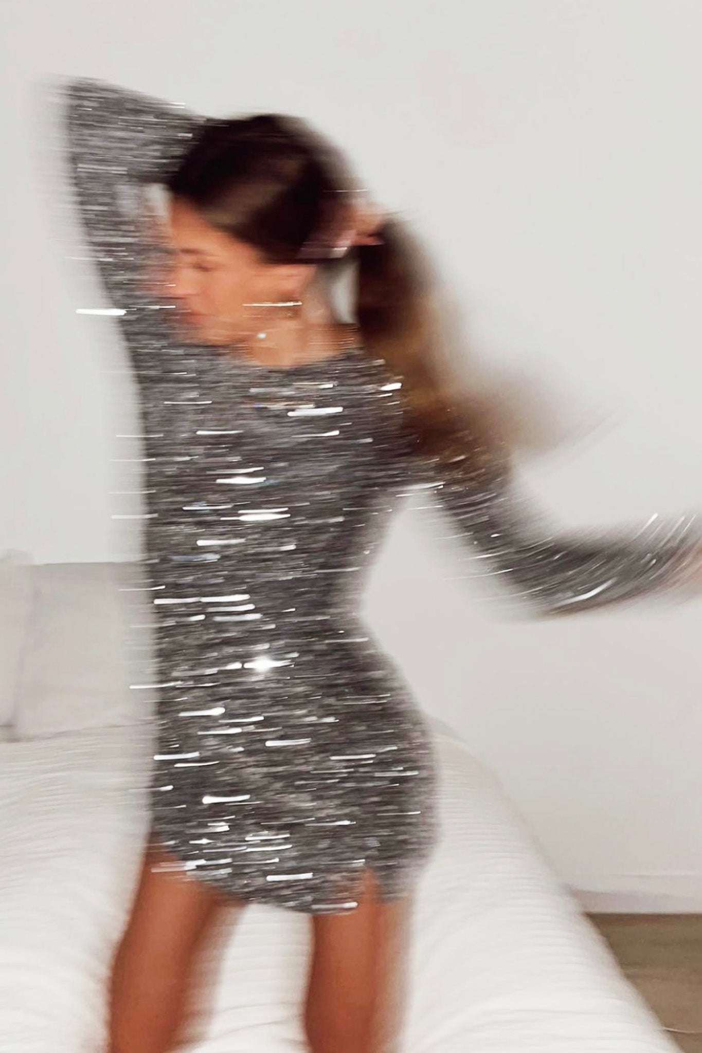 Demure Long Sleeve Open Back Dress Sequin Grey/Silver-Maymioy