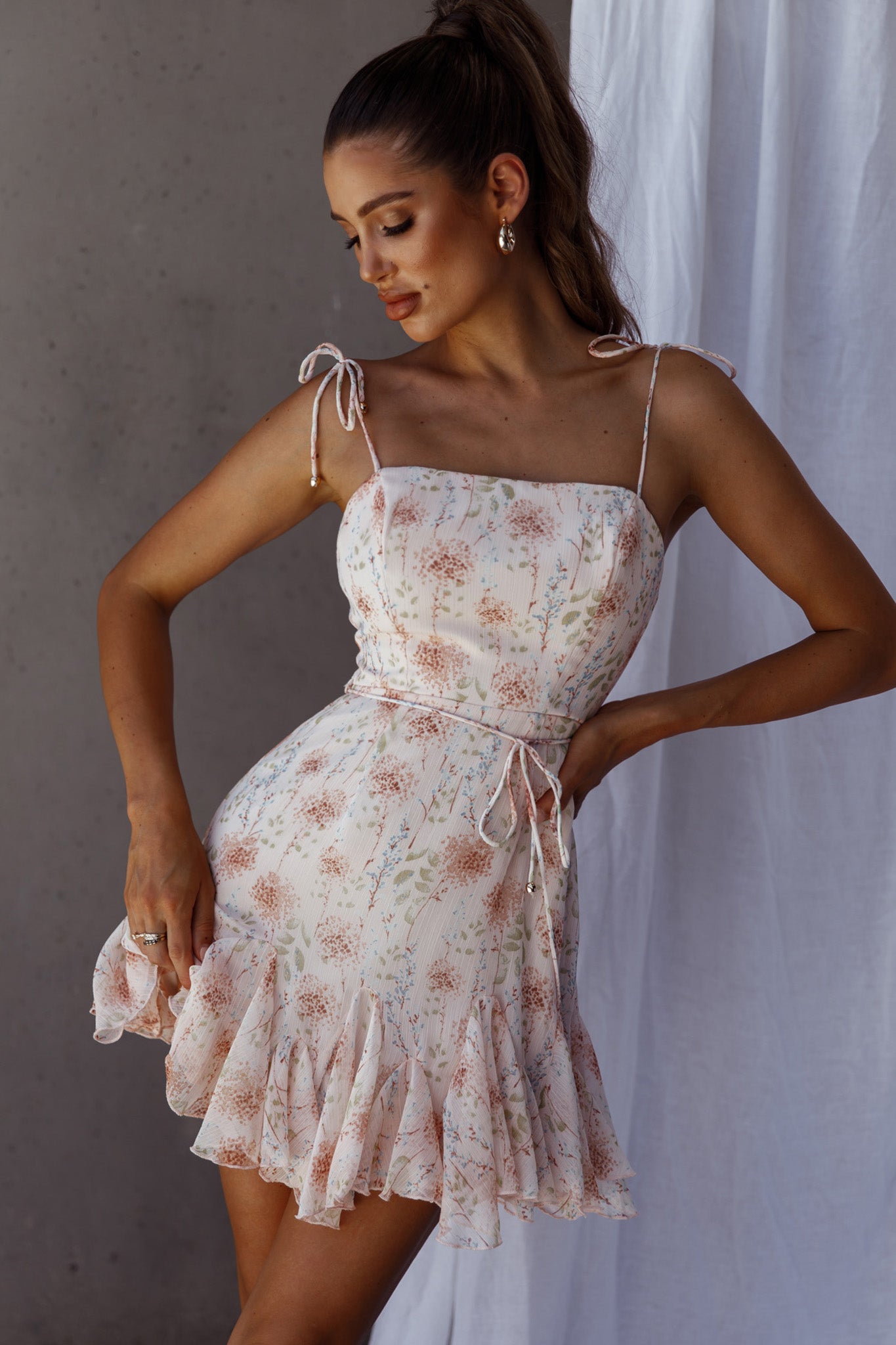 Charliza String Tie Godet Hem Dress Floral Peach-Maymioy