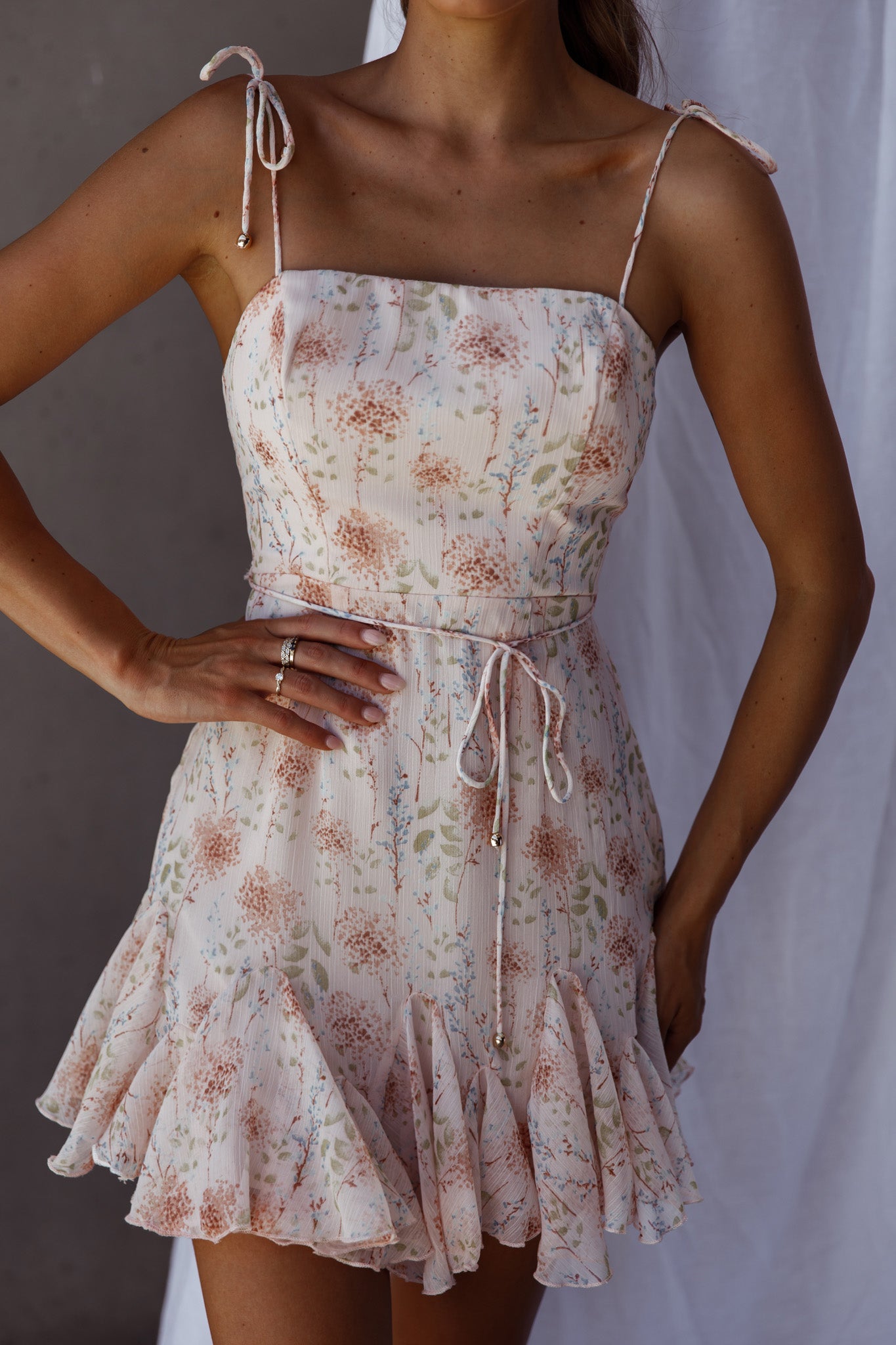 Charliza String Tie Godet Hem Dress Floral Peach-Maymioy