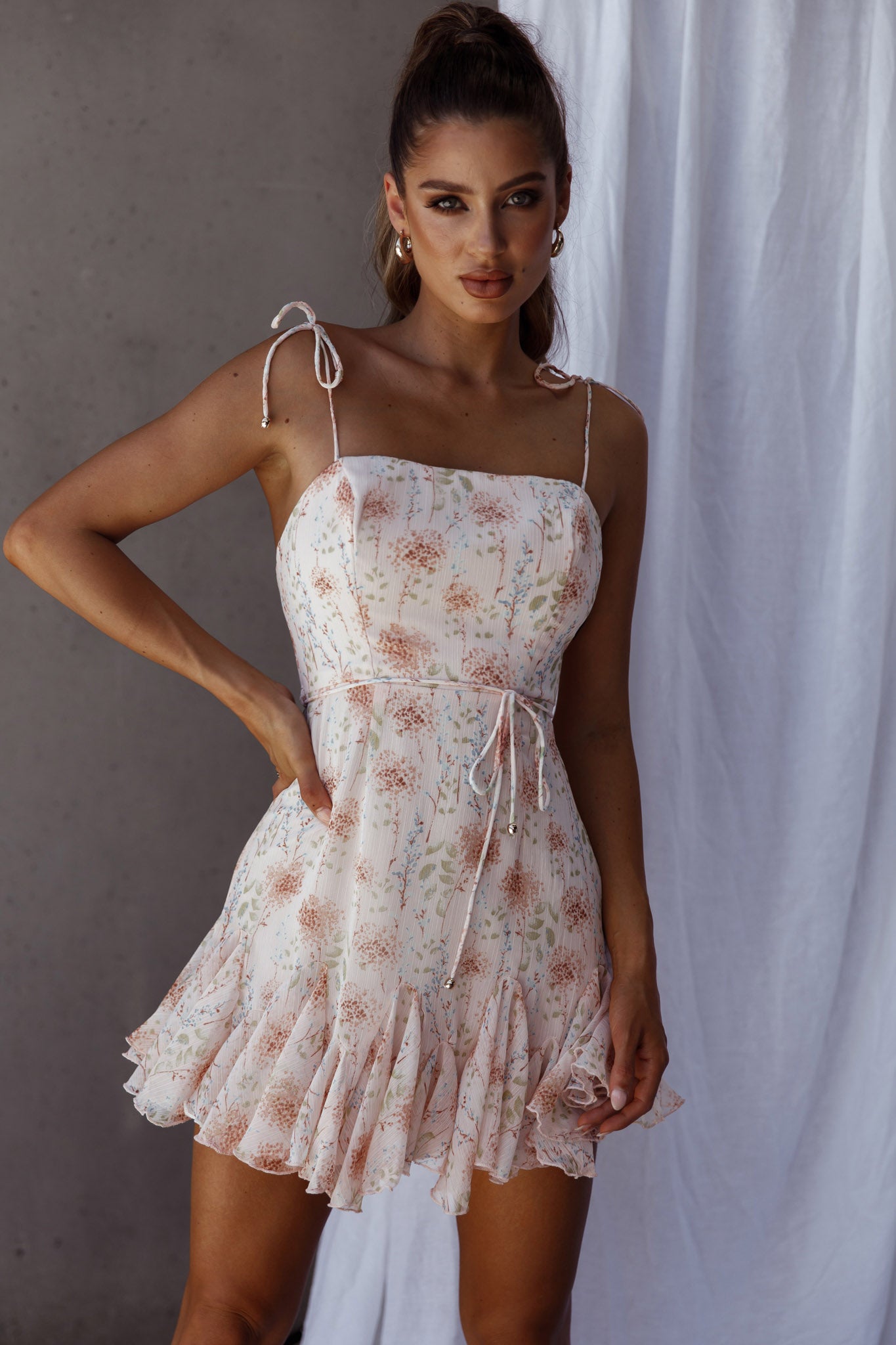 Charliza String Tie Godet Hem Dress Floral Peach-Maymioy
