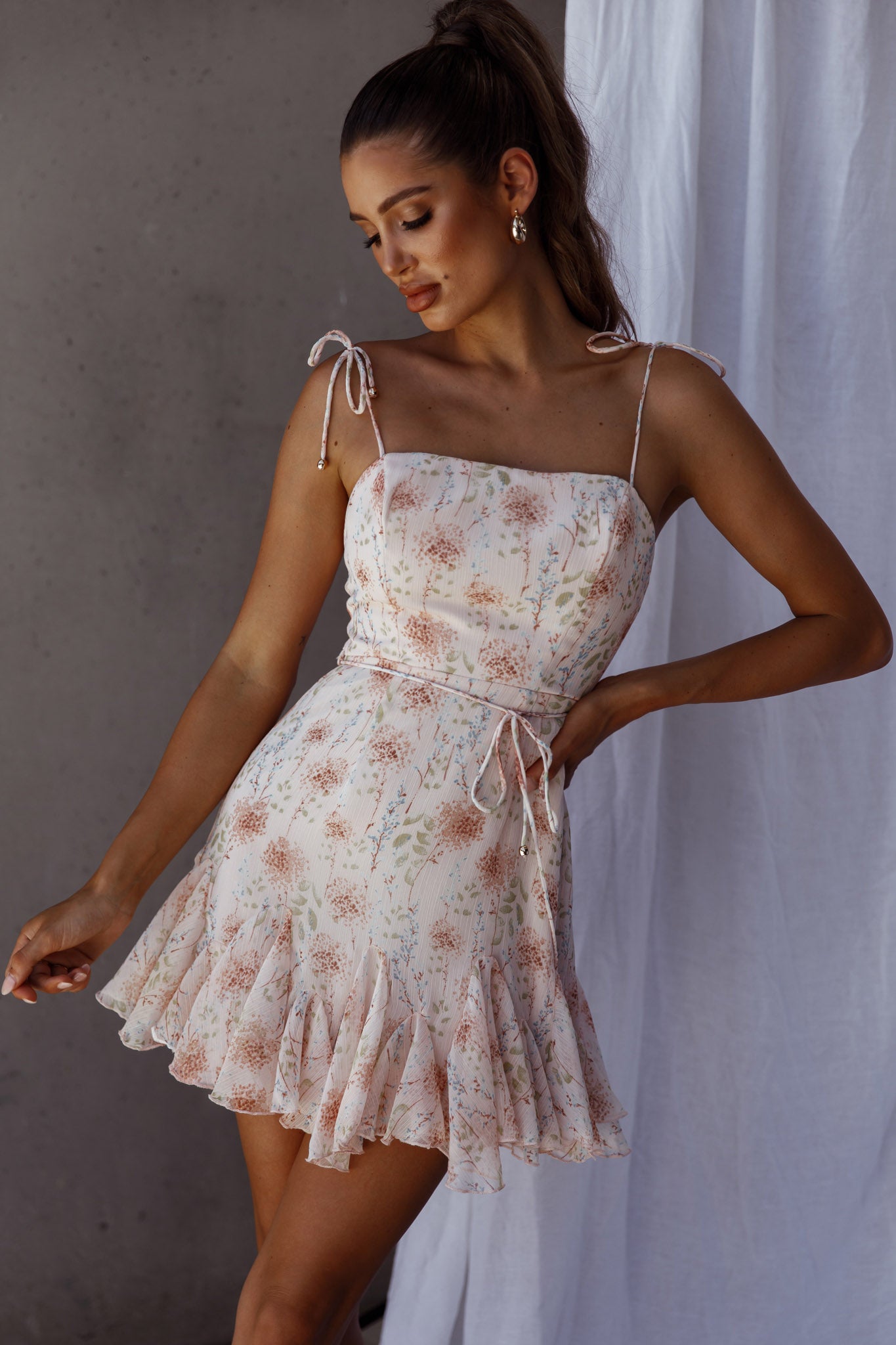 Charliza String Tie Godet Hem Dress Floral Peach-Maymioy