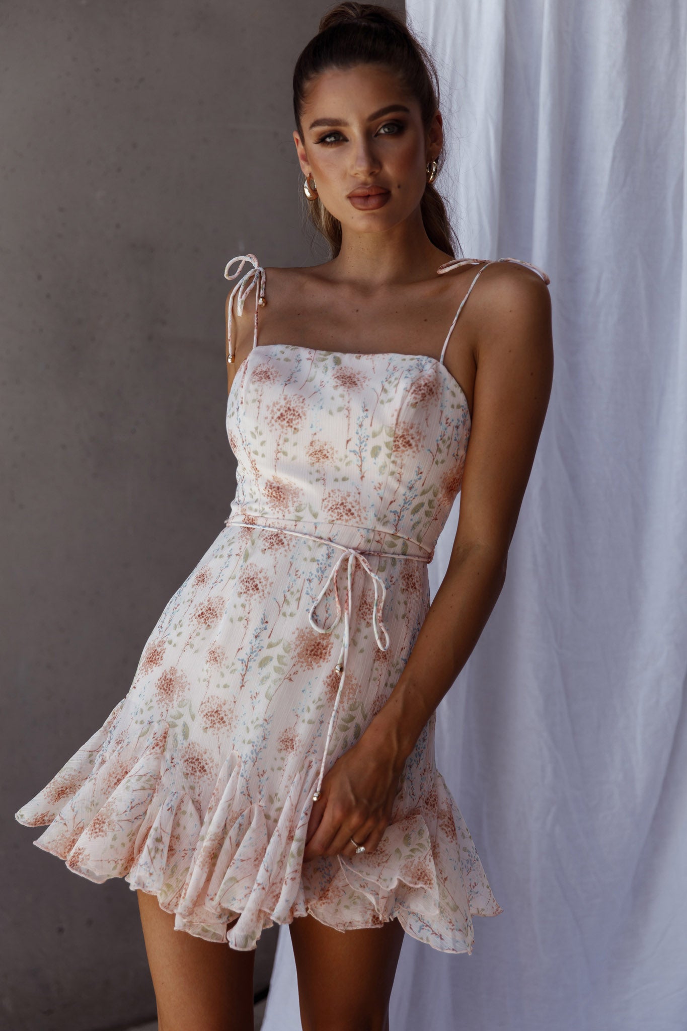 Charliza String Tie Godet Hem Dress Floral Peach-Maymioy