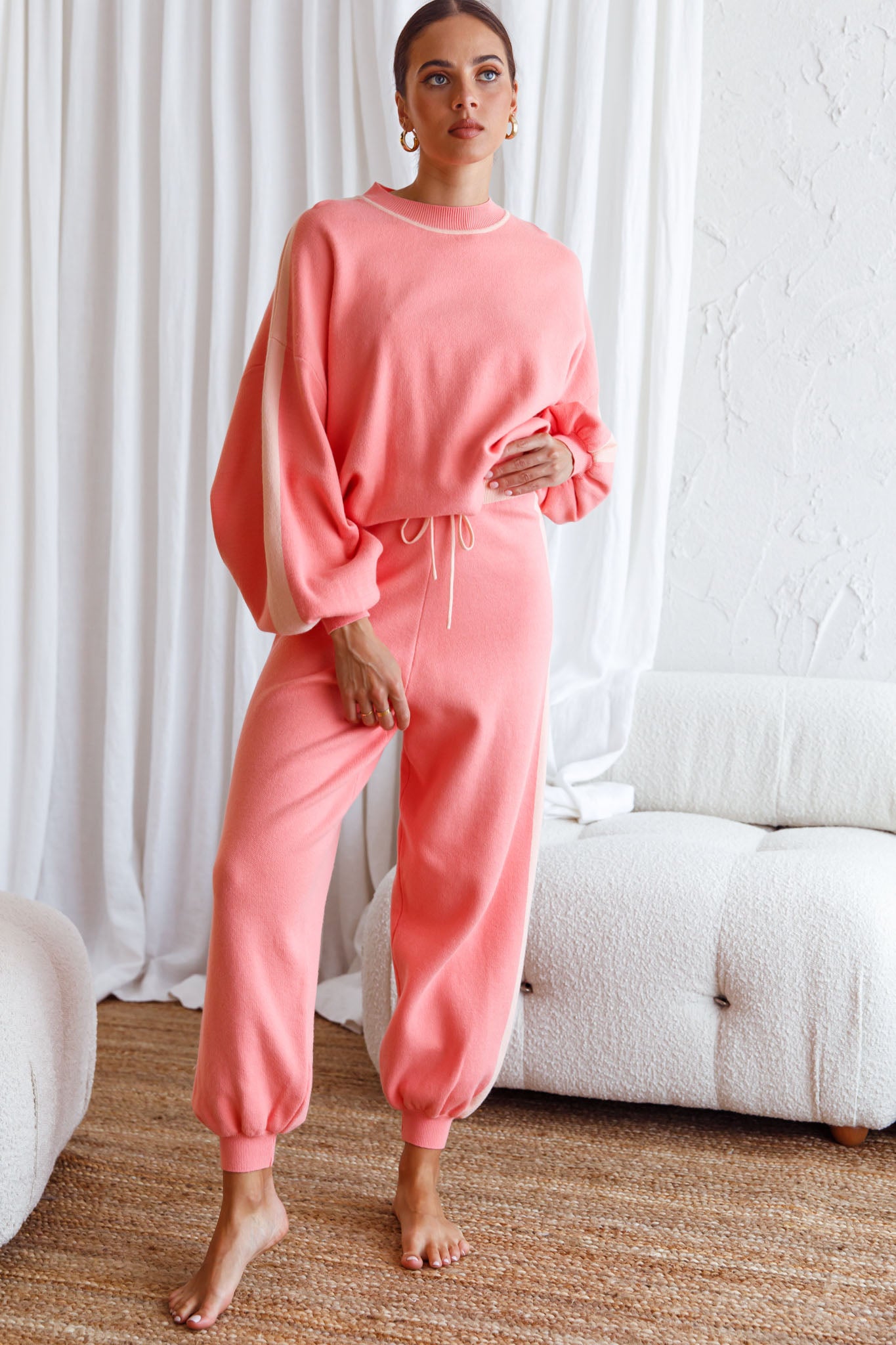 Take Me Back Balloon Sleeve Drop Shoulder Brushed Knit Sweater Peach-Maymioy