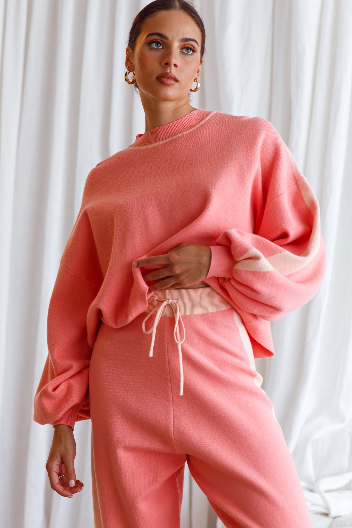 Take Me Back Balloon Sleeve Drop Shoulder Brushed Knit Sweater Peach-Maymioy