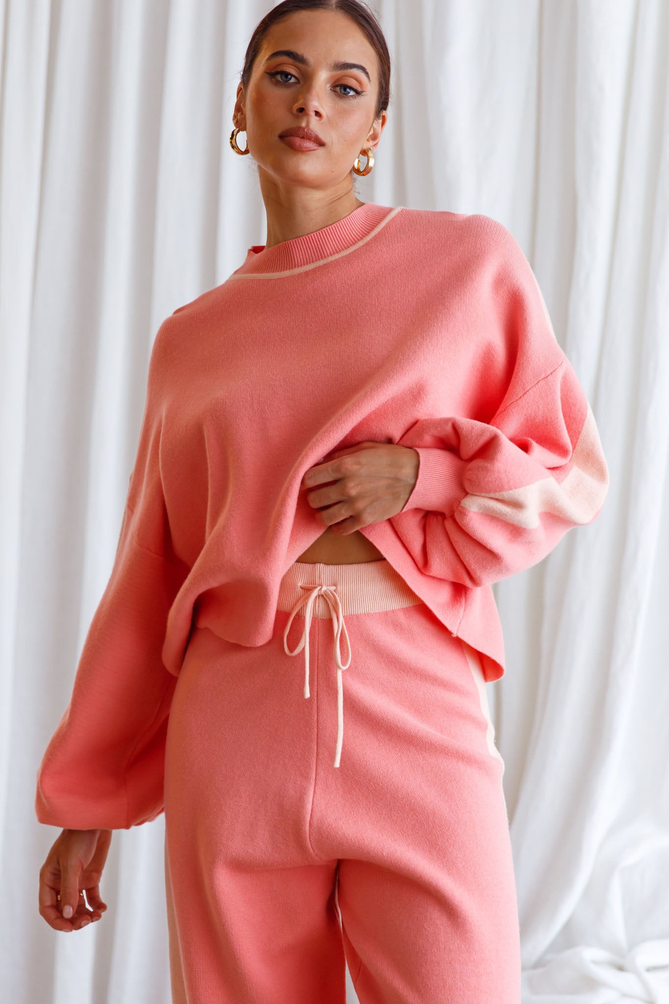 Take Me Back Balloon Sleeve Drop Shoulder Brushed Knit Sweater Peach-Maymioy
