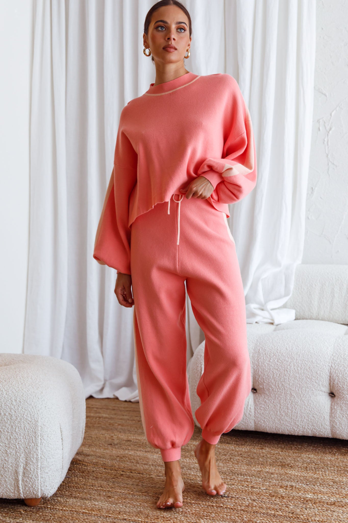 Take Me Back Balloon Sleeve Drop Shoulder Brushed Knit Sweater Peach-Maymioy