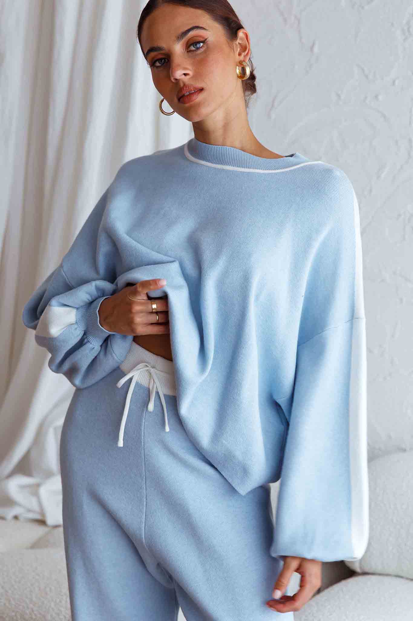 Take Me Back Balloon Sleeve Drop Shoulder Brushed Knit Sweater Blue-Maymioy