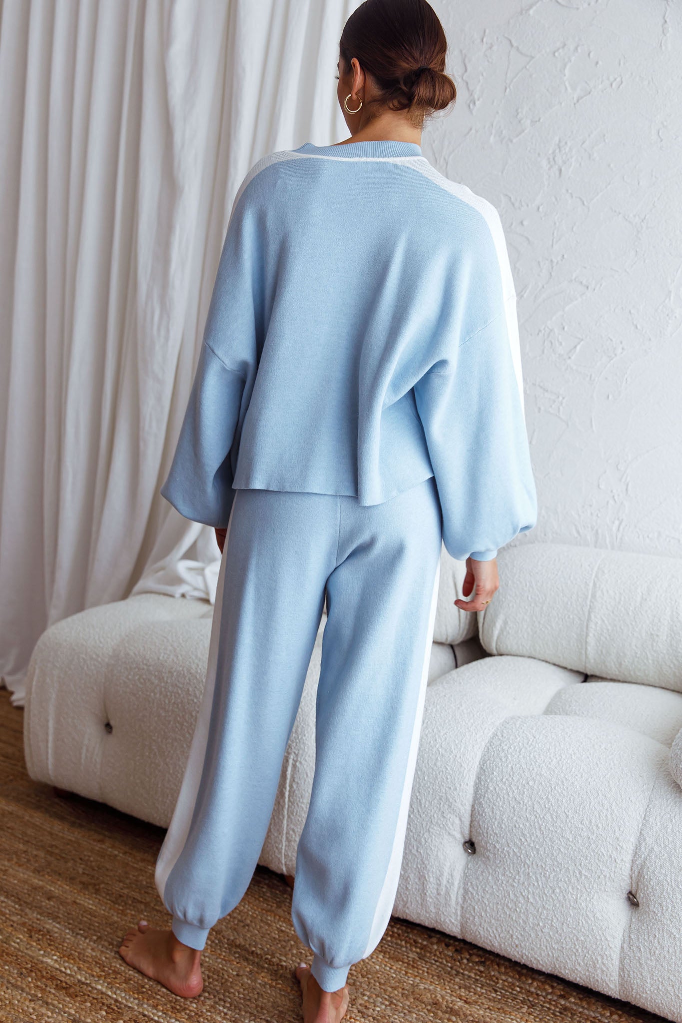 Take Me Back Balloon Sleeve Drop Shoulder Brushed Knit Sweater Blue-Maymioy