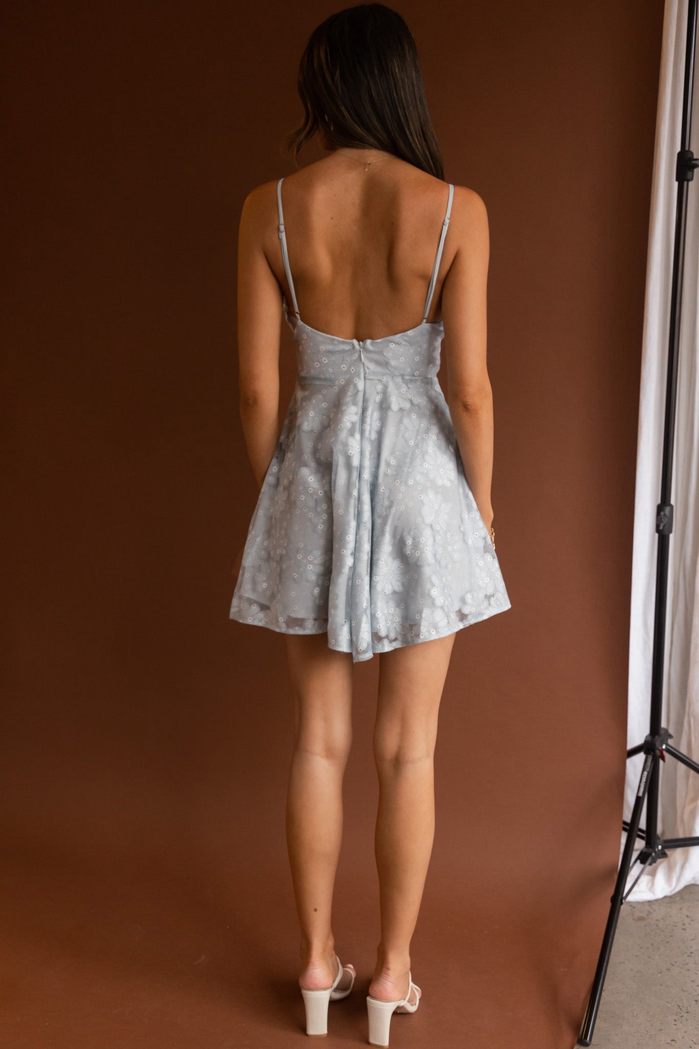 Marbella Floral Embroidered Mesh Scoop Neck Mini Dress Steel Blue-Maymioy