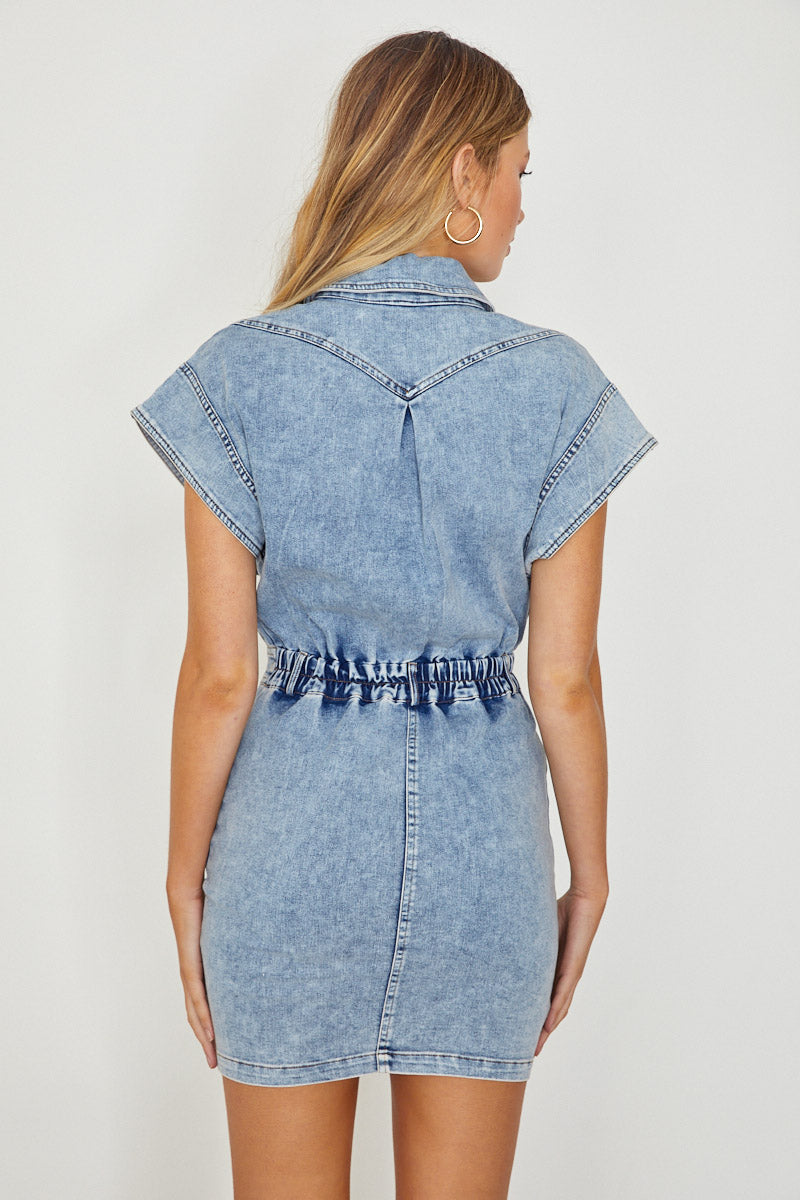 New Day Short Sleeve Button-Up Mini Dress Denim-Maymioy