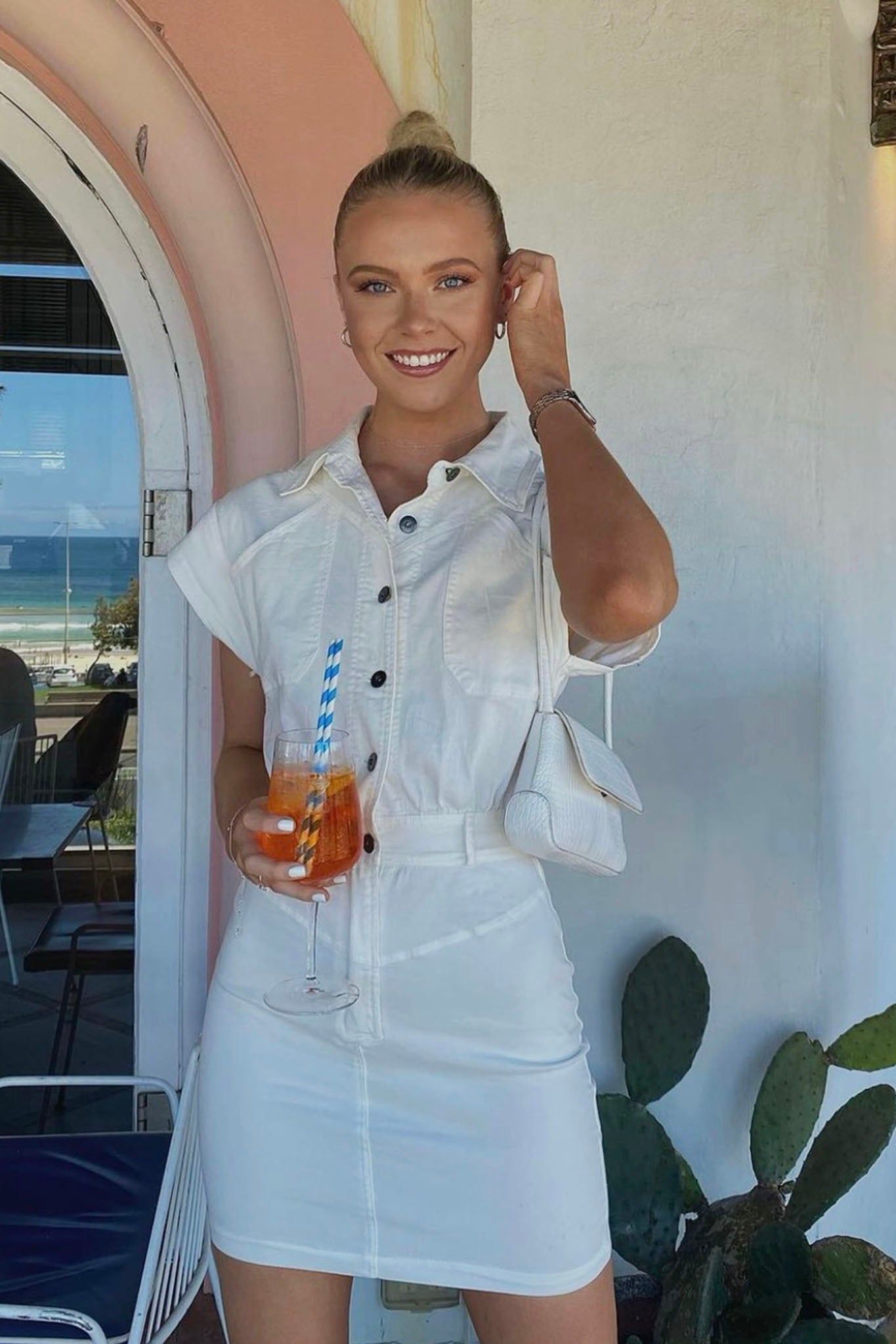 New Day Short Sleeve Button-Up Mini Dress White-Maymioy