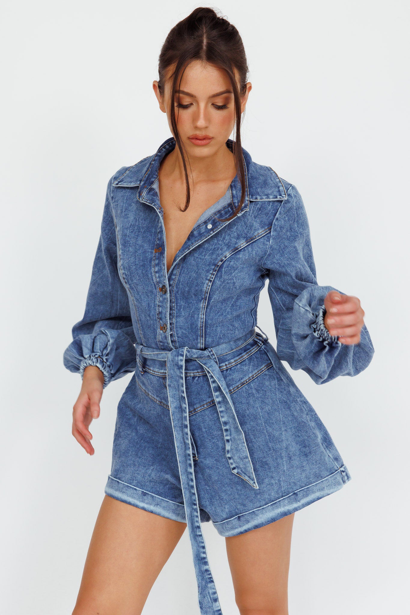New Day Long Sleeve Button-Up Romper Denim-Maymioy