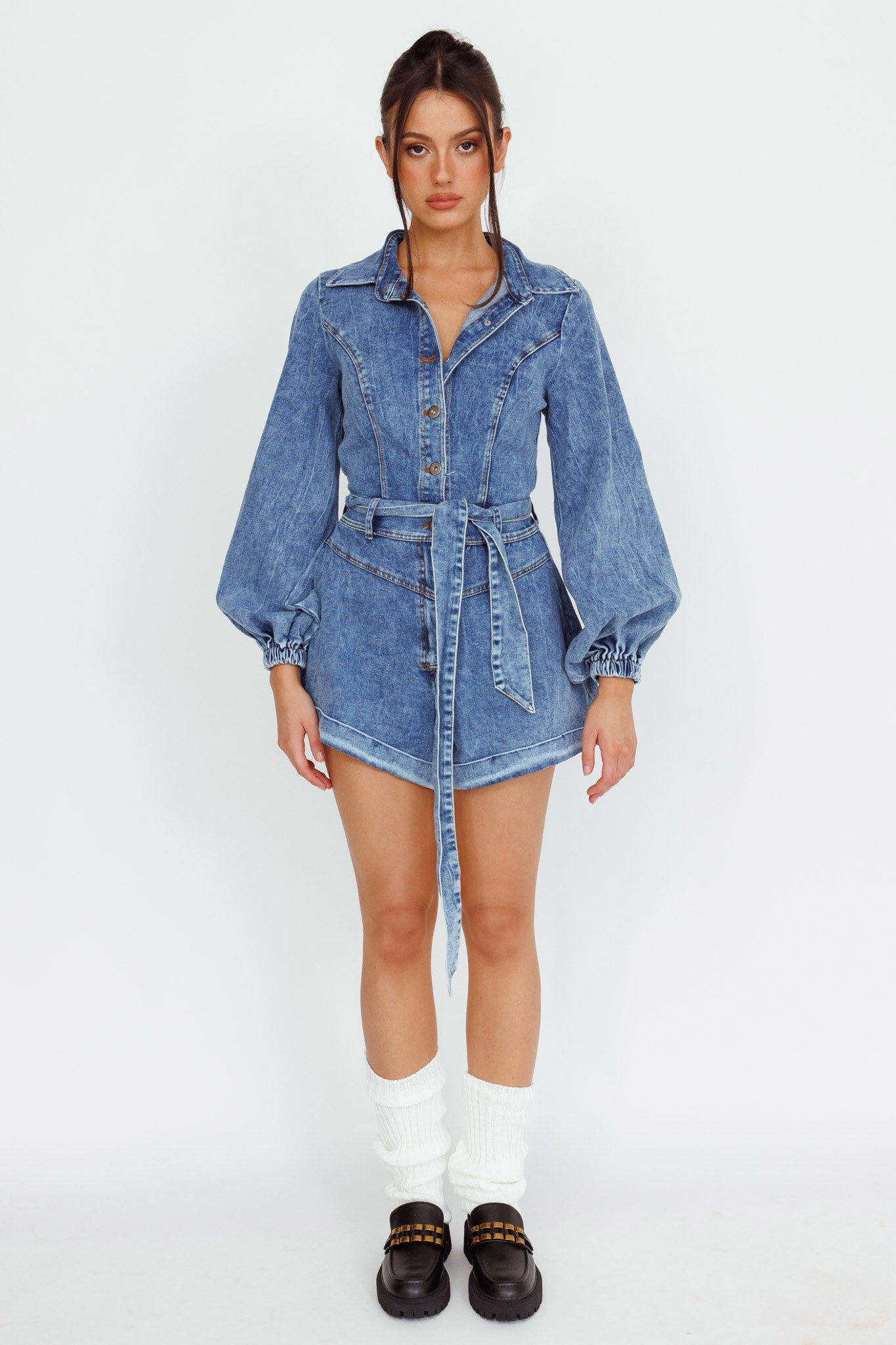 New Day Long Sleeve Button-Up Romper Denim-Maymioy