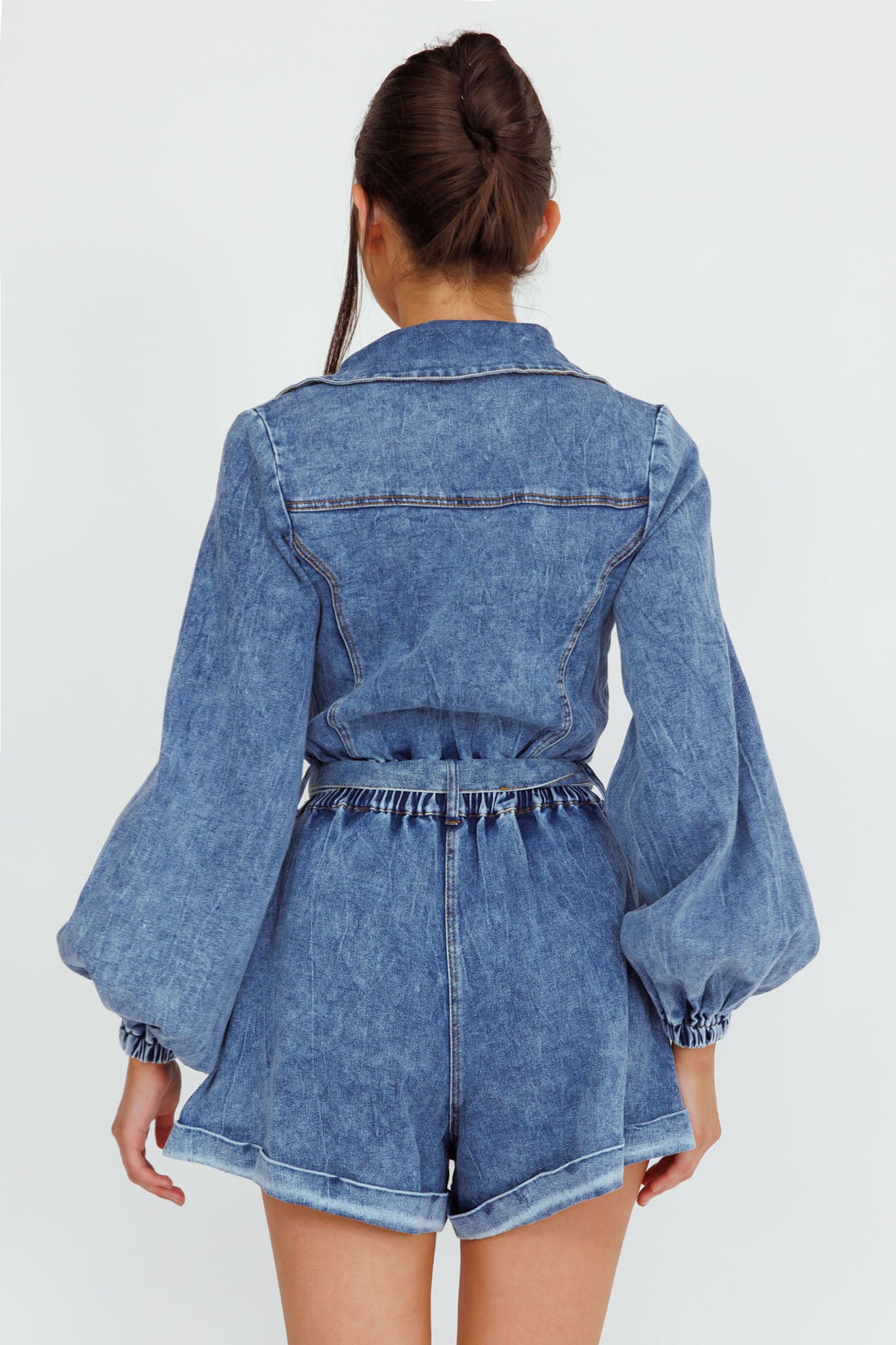 New Day Long Sleeve Button-Up Romper Denim-Maymioy