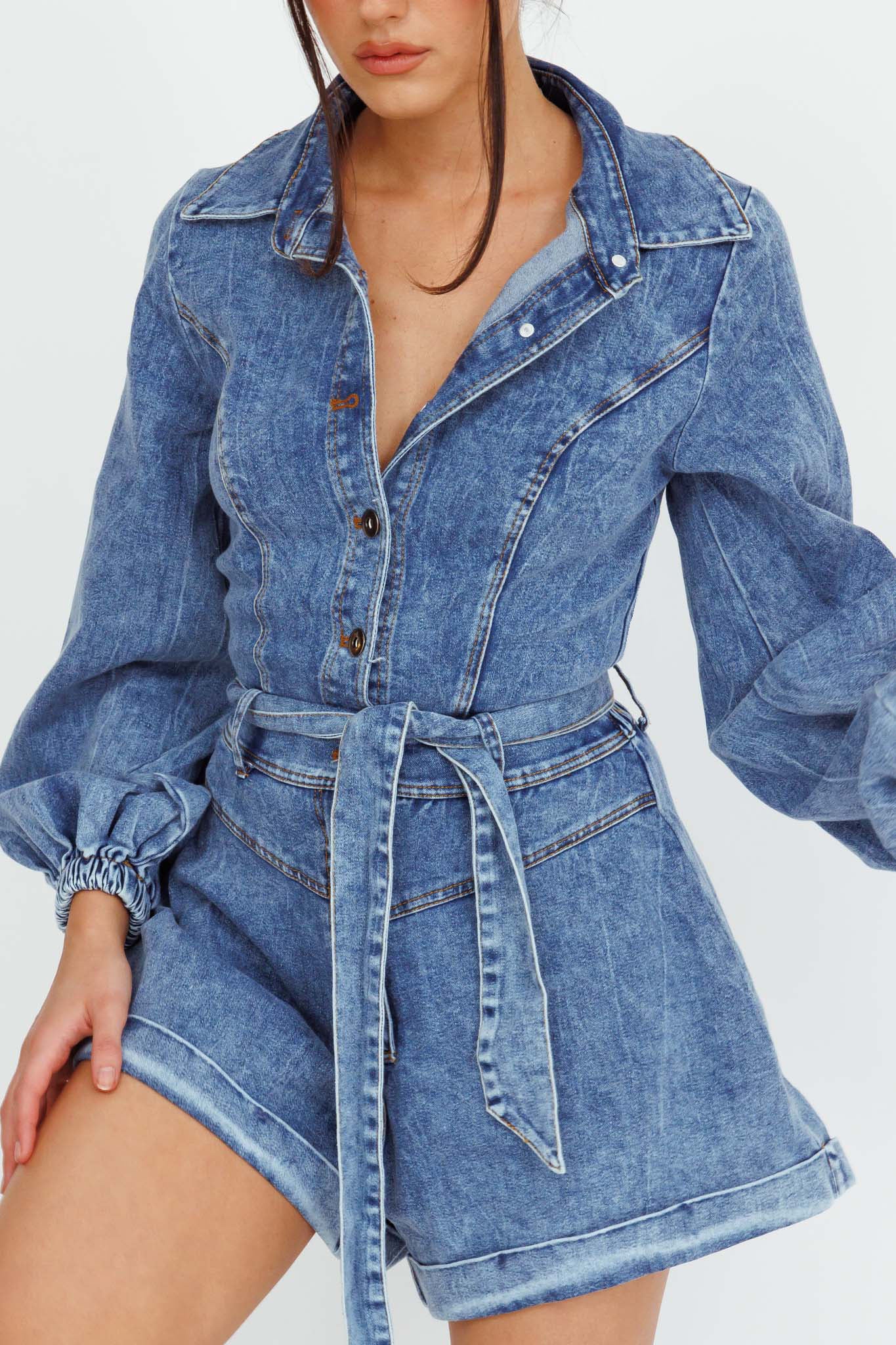 New Day Long Sleeve Button-Up Romper Denim-Maymioy