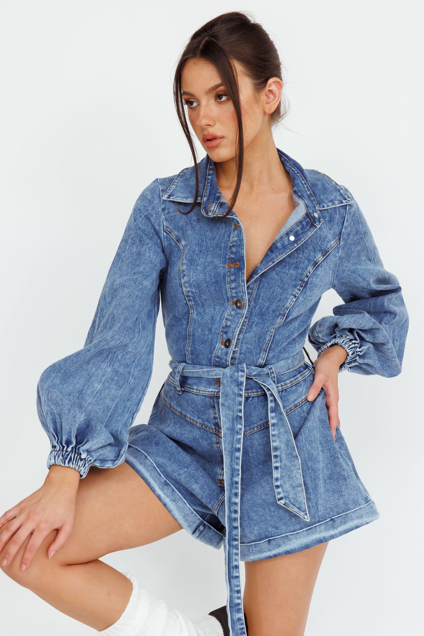 New Day Long Sleeve Button-Up Romper Denim-Maymioy