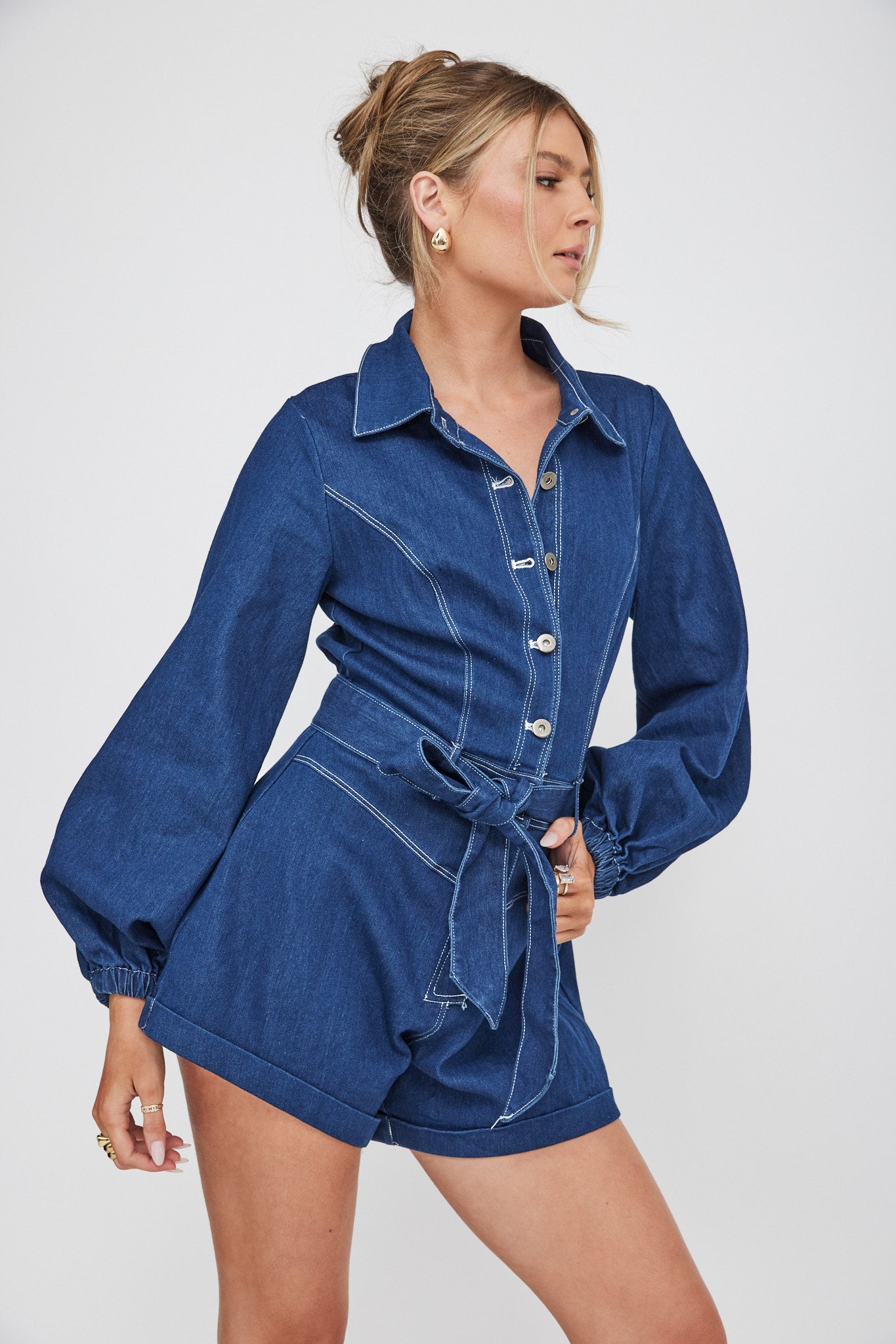 New Day Long Sleeve Button-Up Romper Indigo-Maymioy