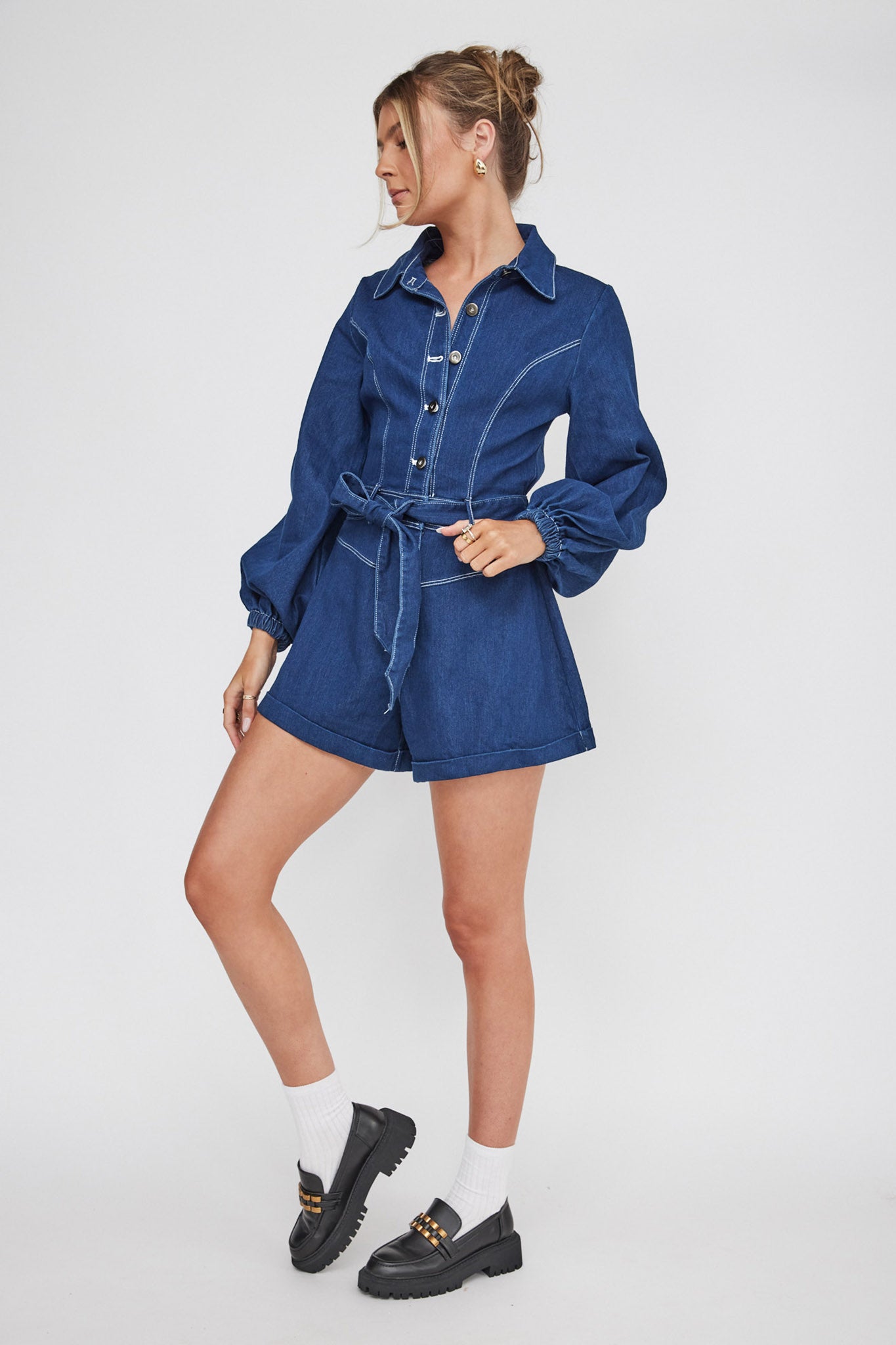 New Day Long Sleeve Button-Up Romper Indigo-Maymioy