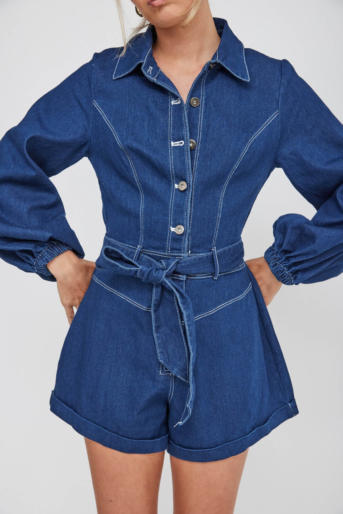 New Day Long Sleeve Button-Up Romper Indigo-Maymioy