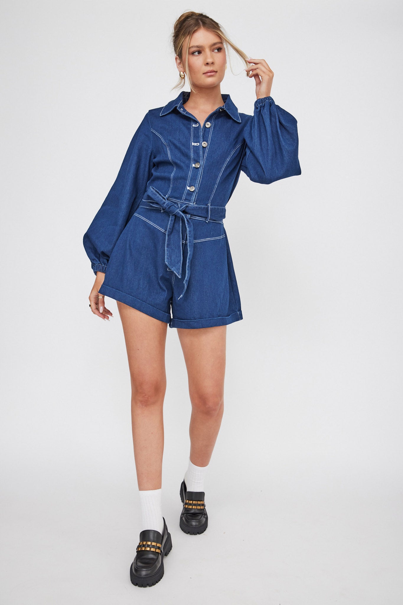 New Day Long Sleeve Button-Up Romper Indigo-Maymioy