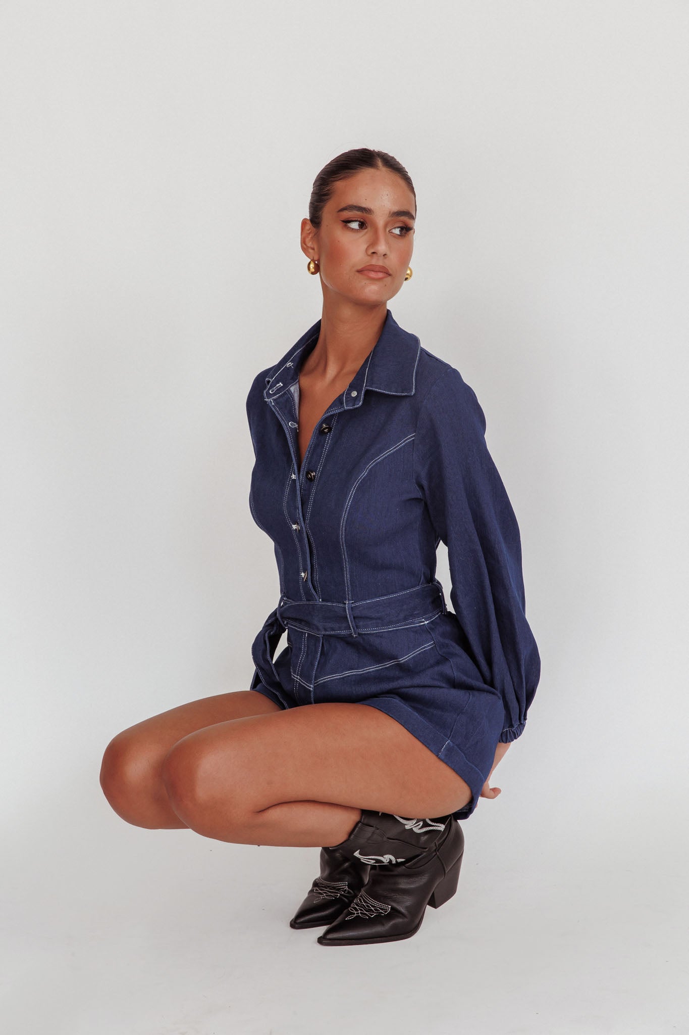 New Day Long Sleeve Button-Up Romper Indigo-Maymioy