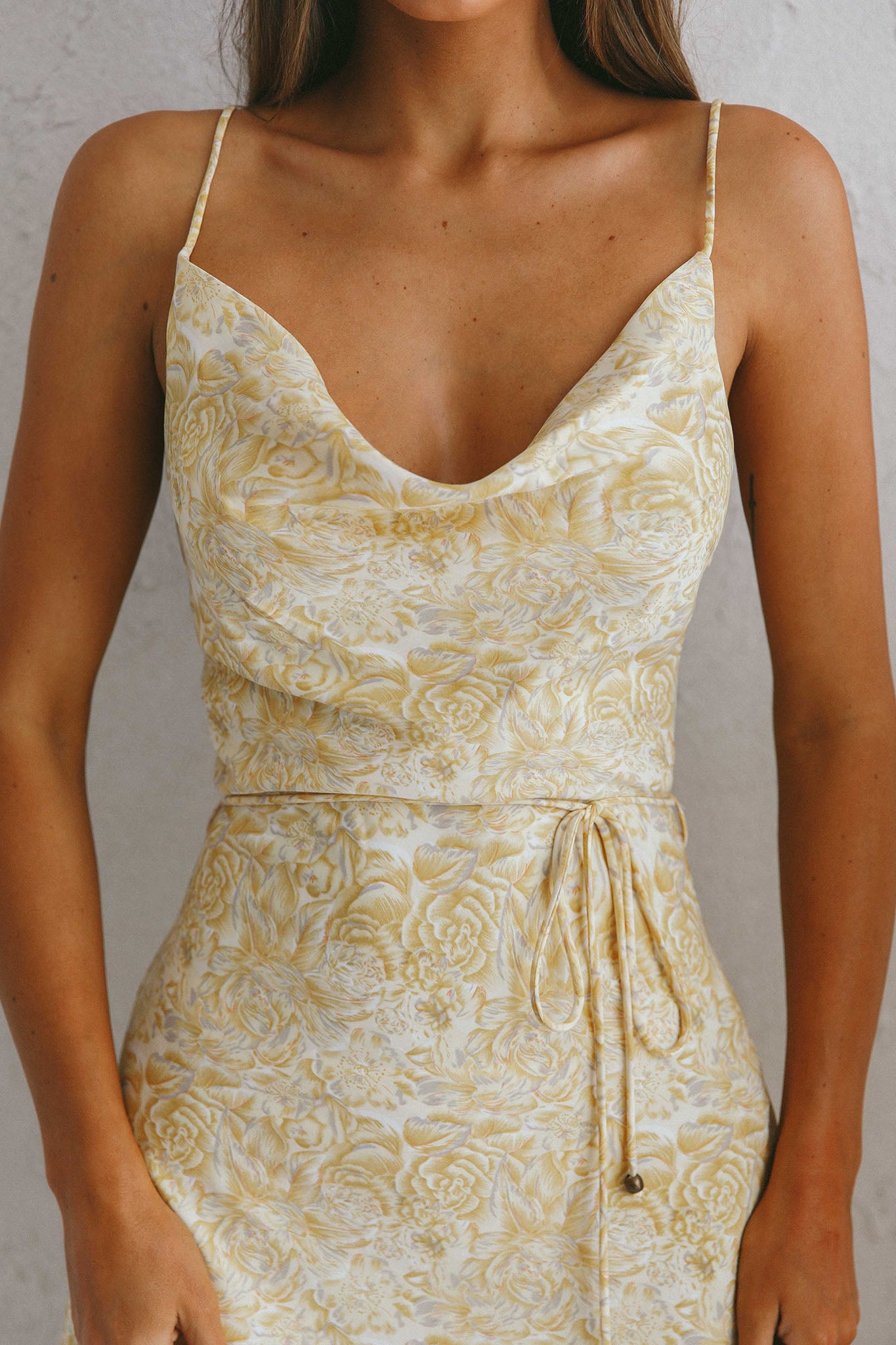 Sweet Memories Cowl Neckline Slip Dress Vintage Floral Print Yellow-Maymioy