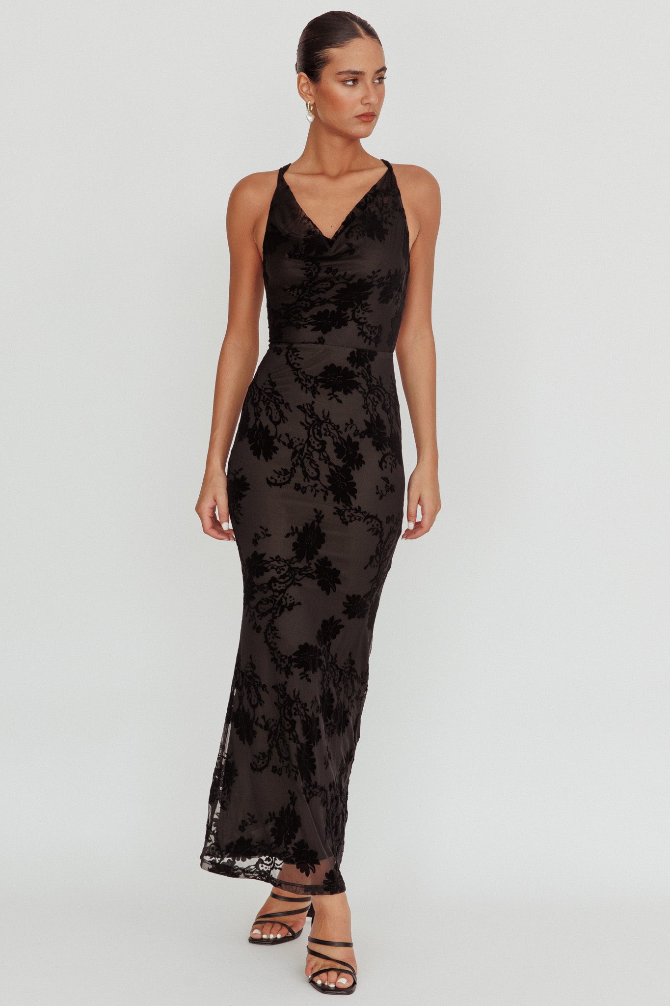 Delancy Cowl Neck Floral Maxi Dress Black-Maymioy