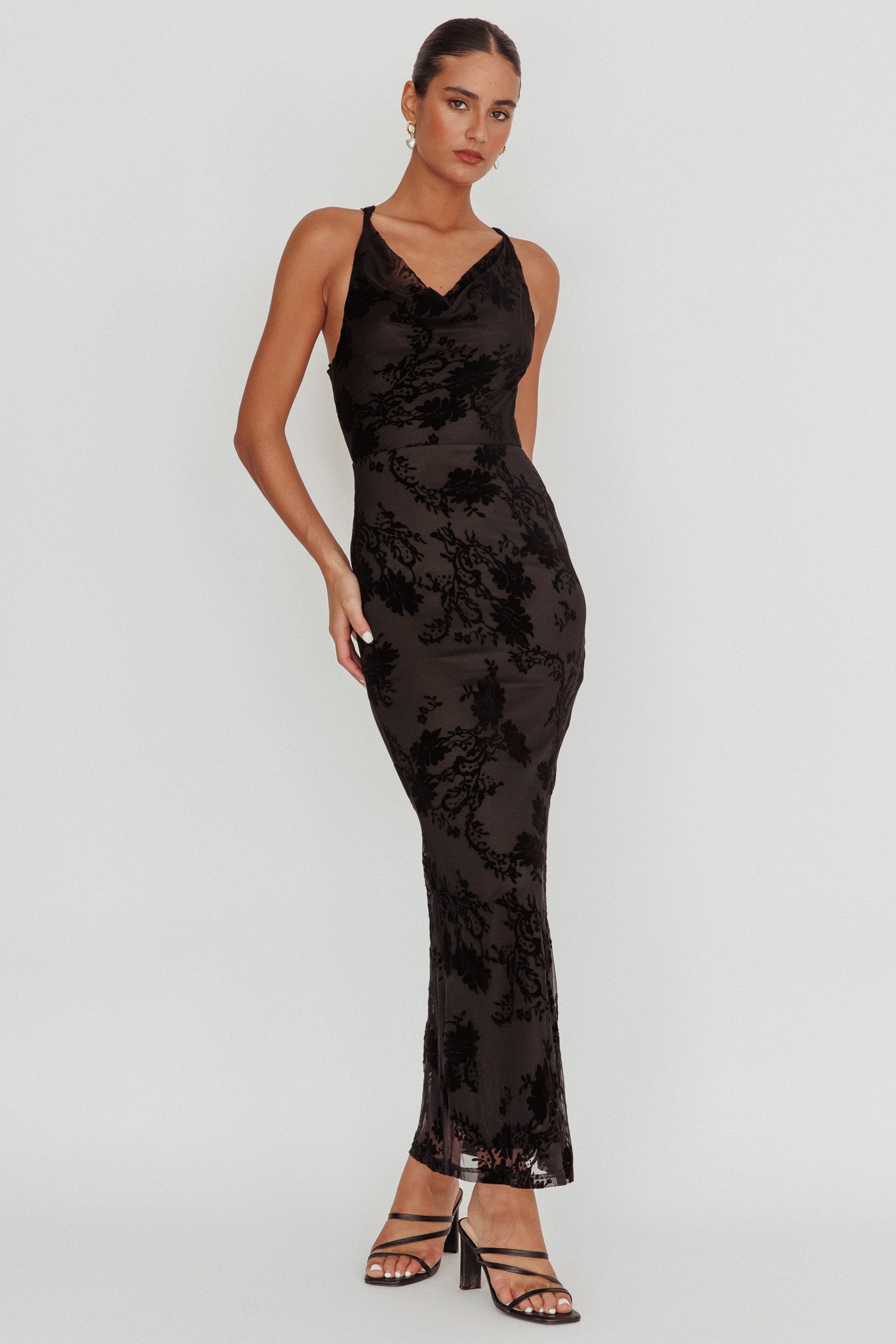 Delancy Cowl Neck Floral Maxi Dress Black-Maymioy