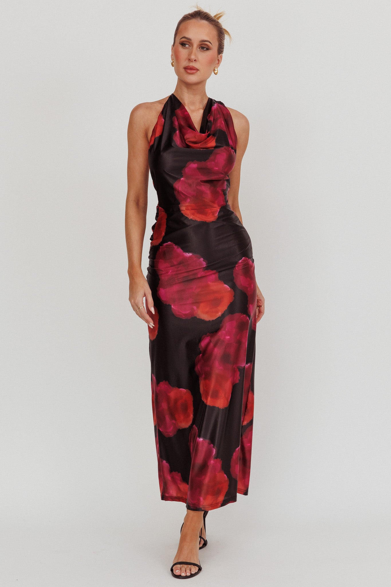 Lustrous Cowl Neck Maxi Dress Pink-Maymioy