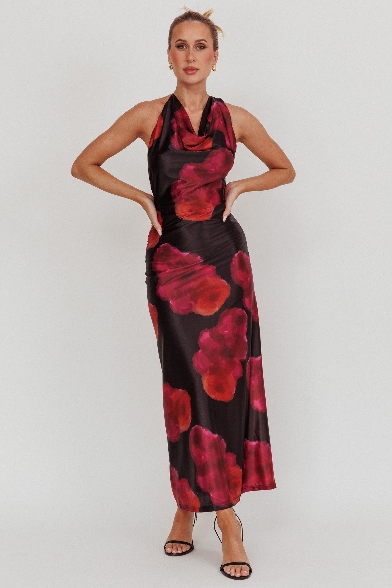 Lustrous Cowl Neck Maxi Dress Pink-Maymioy