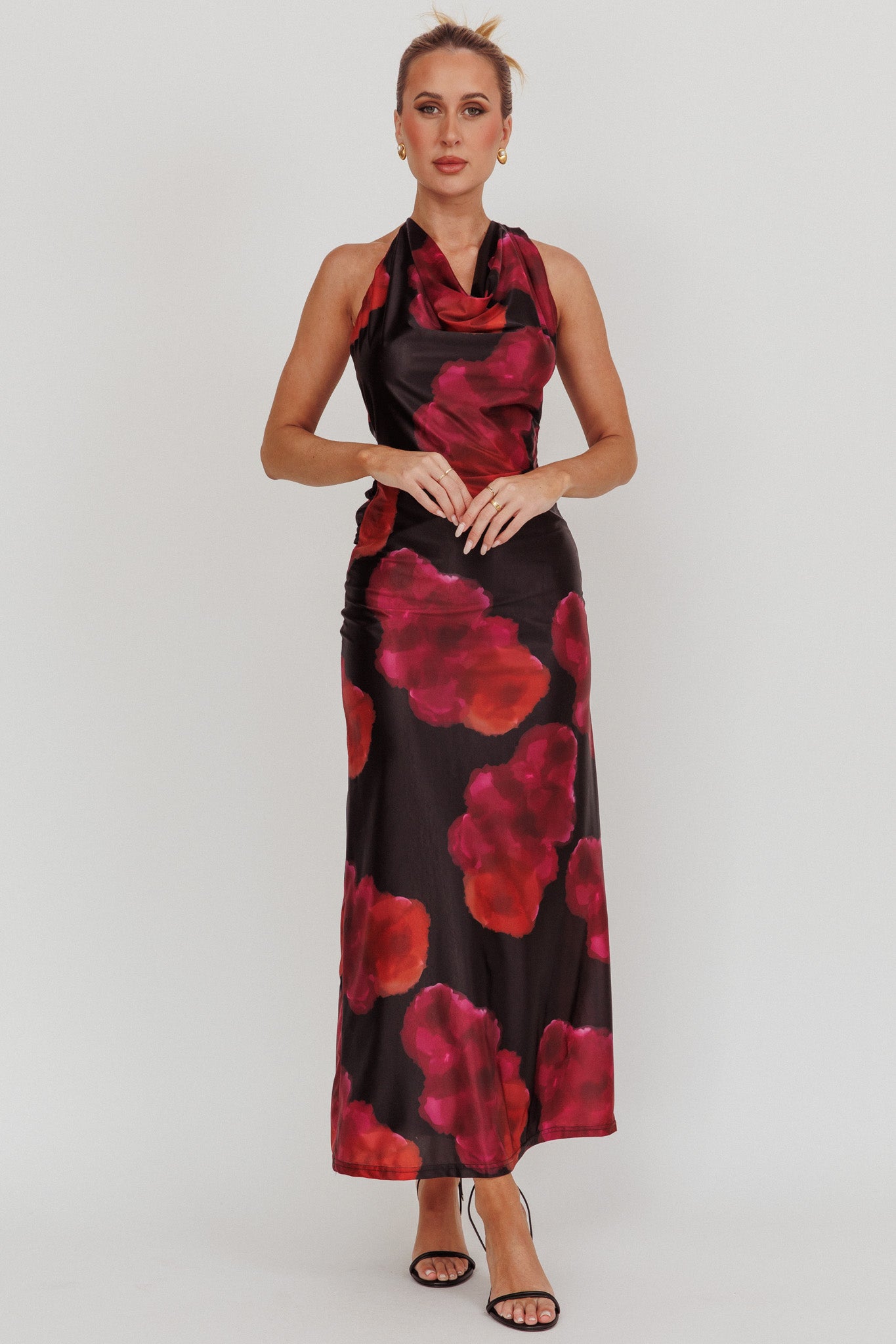Lustrous Cowl Neck Maxi Dress Pink-Maymioy