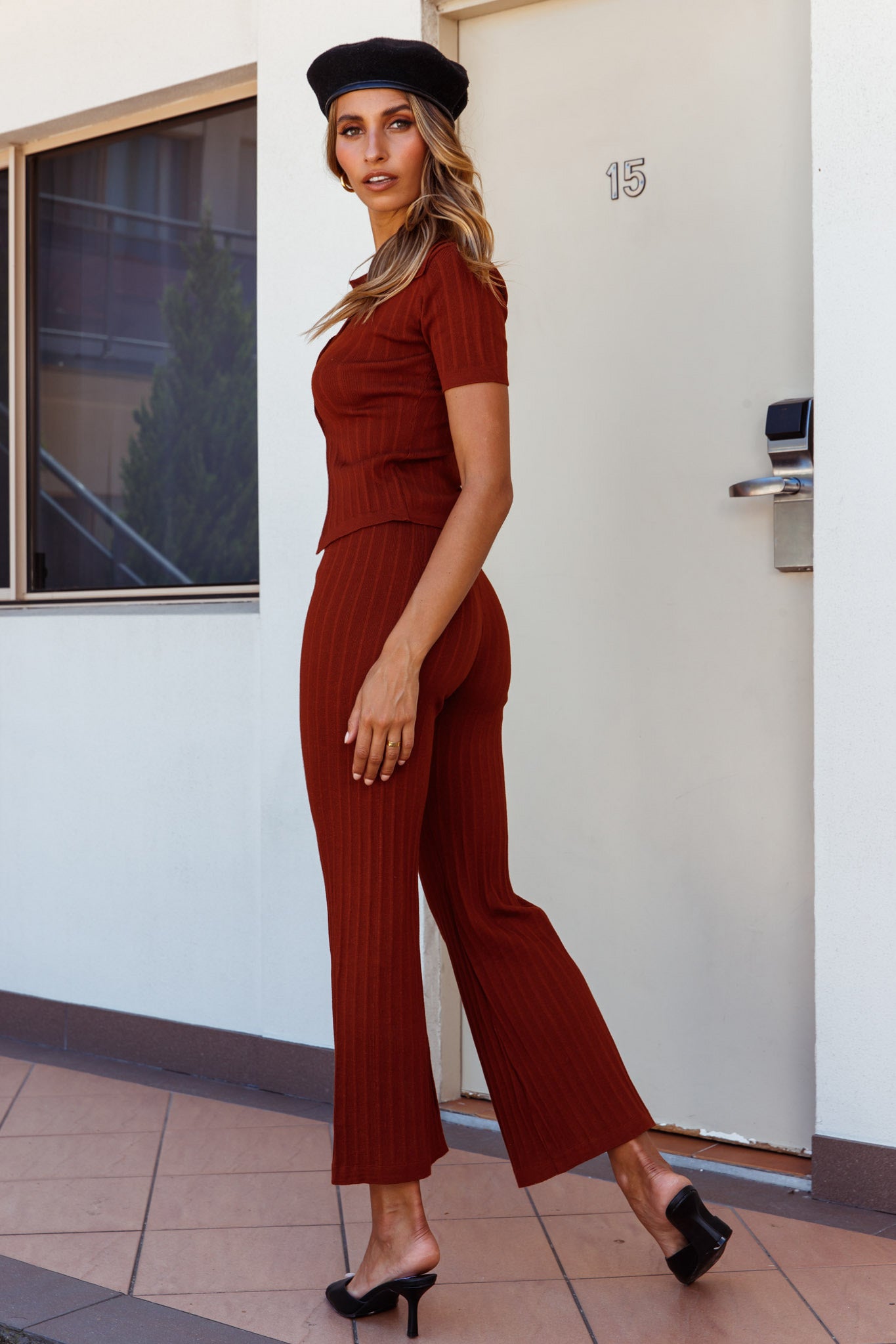 Tori Three-Button Collared Knit Top Mocha-Maymioy