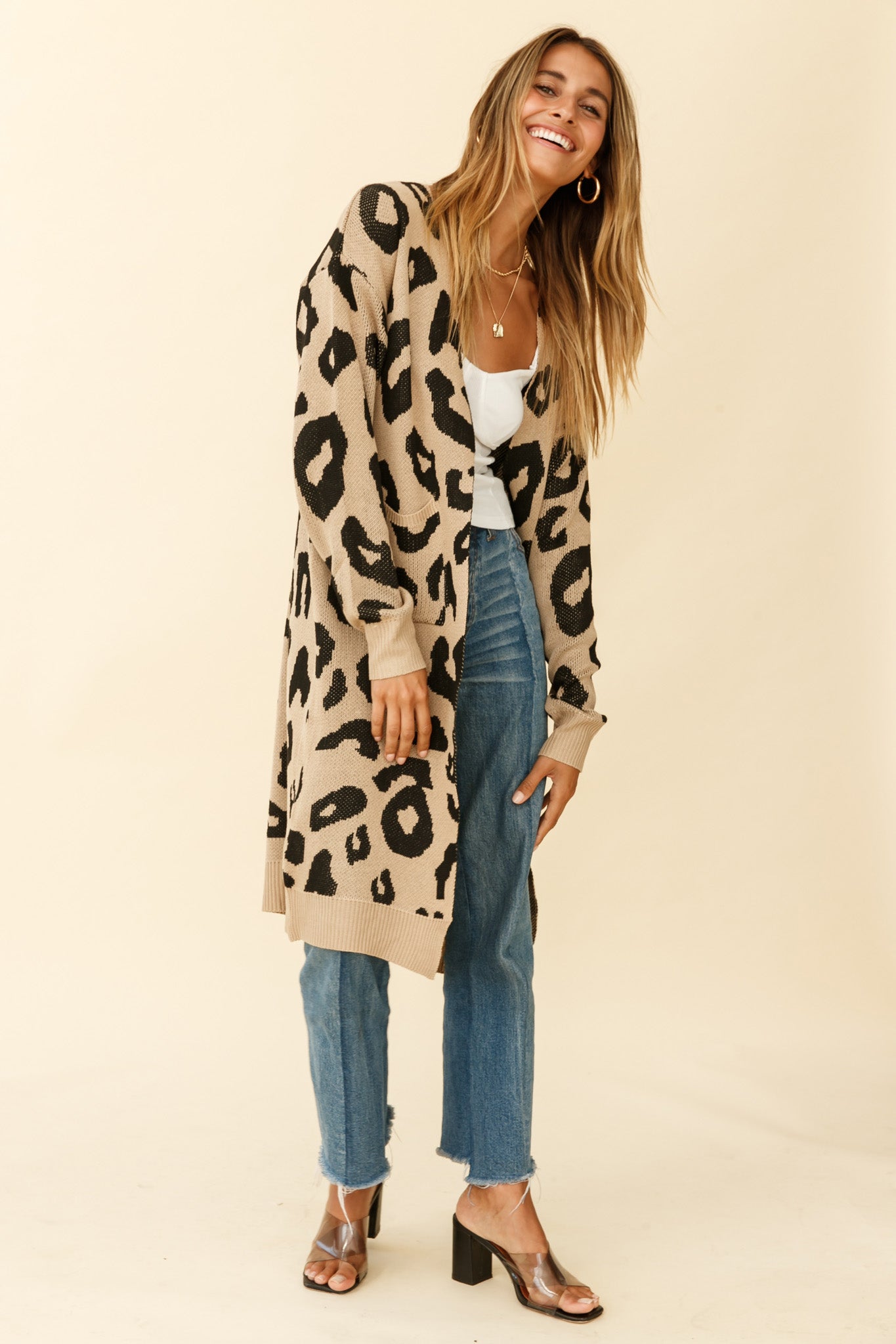 Switch It Up Longline Pocket Knit Cardigan Animal Print Beige-Maymioy