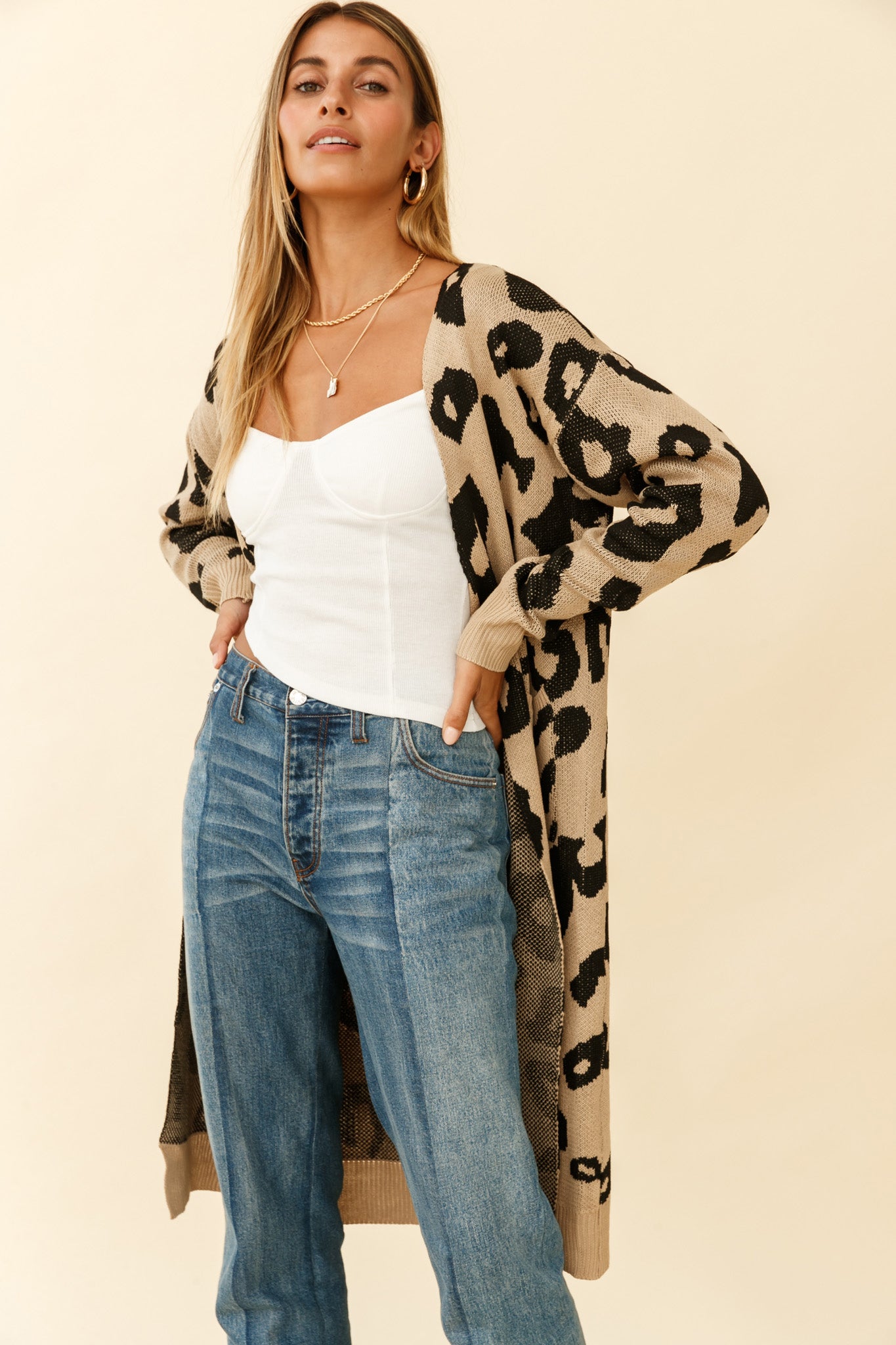 Switch It Up Longline Pocket Knit Cardigan Animal Print Beige-Maymioy