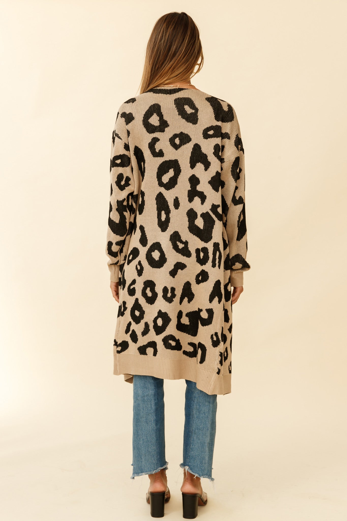 Switch It Up Longline Pocket Knit Cardigan Animal Print Beige-Maymioy