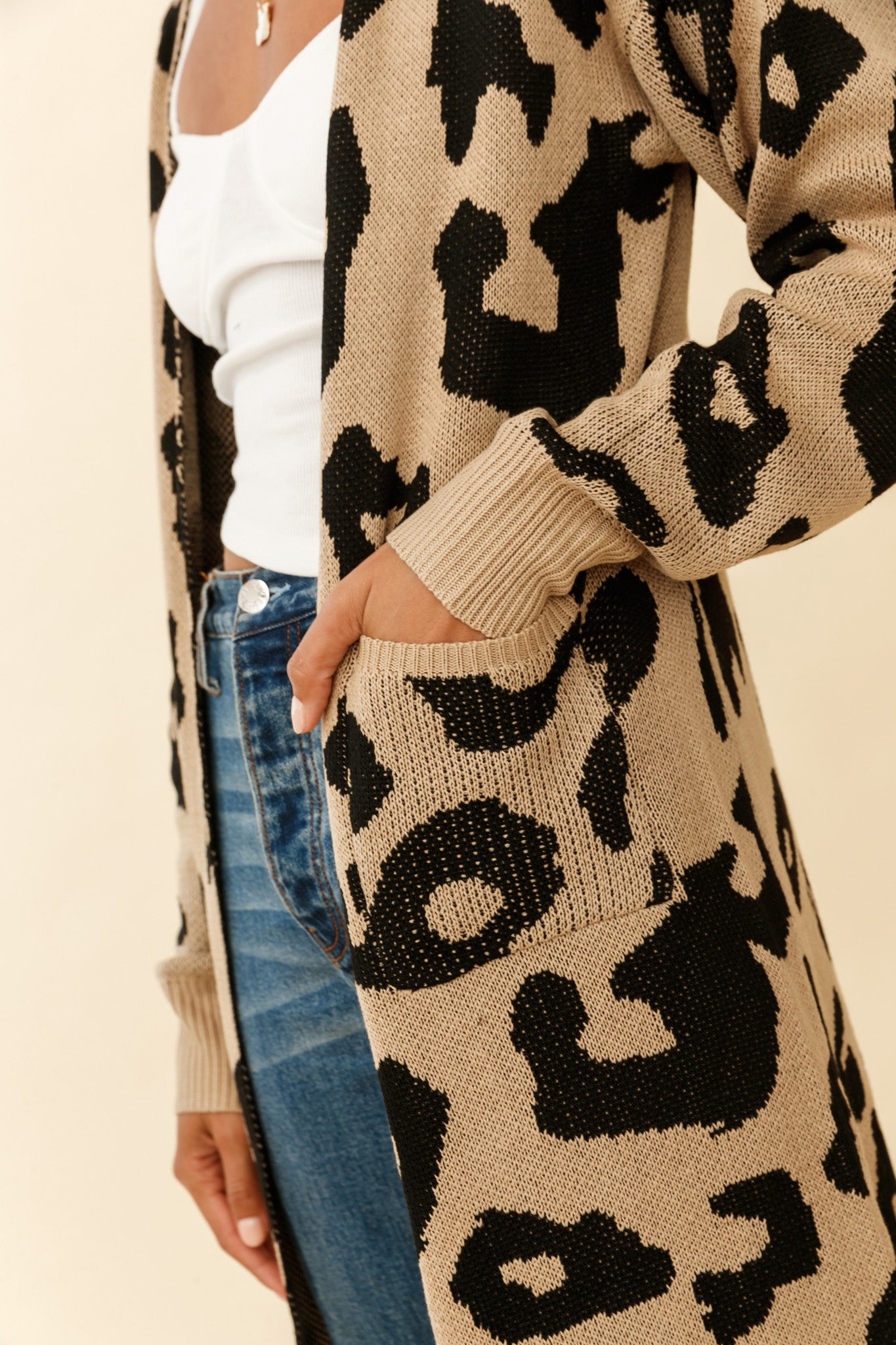 Switch It Up Longline Pocket Knit Cardigan Animal Print Beige-Maymioy