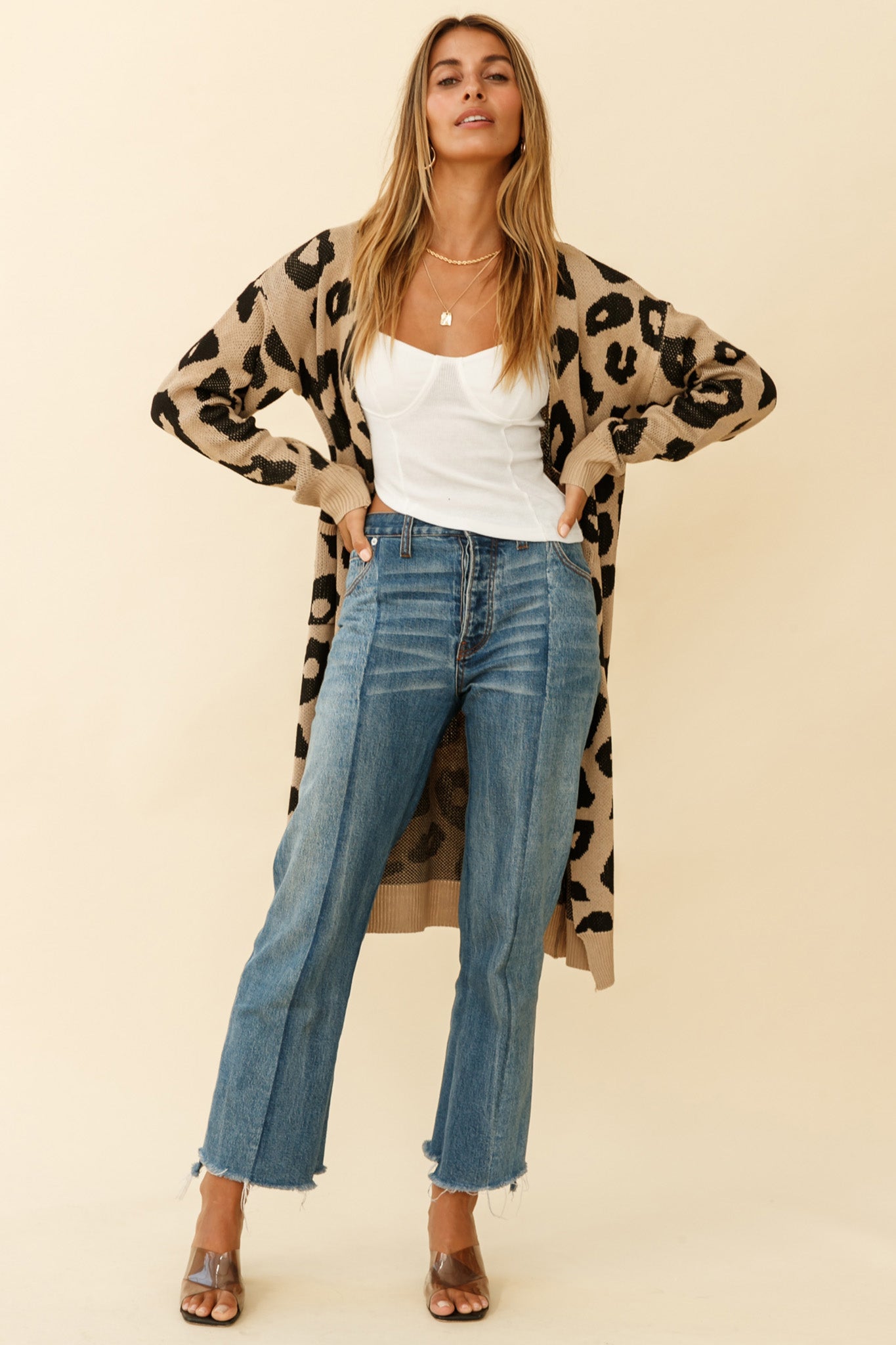 Switch It Up Longline Pocket Knit Cardigan Animal Print Beige-Maymioy