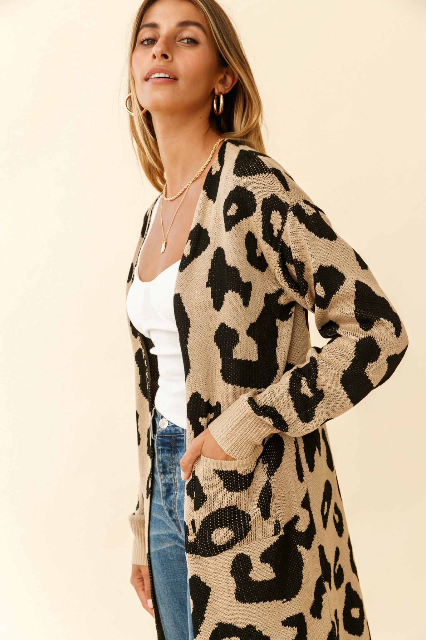 Switch It Up Longline Pocket Knit Cardigan Animal Print Beige-Maymioy
