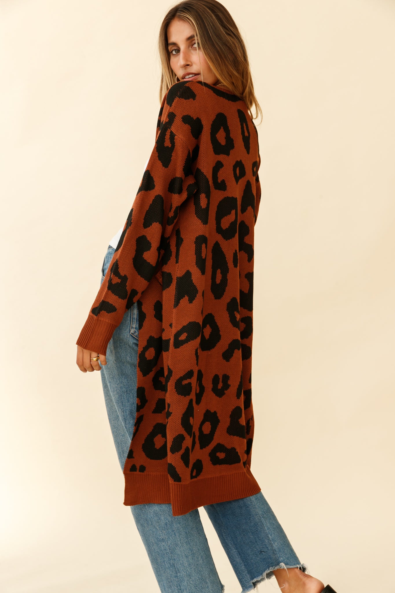 Switch It Up Longline Pocket Knit Cardigan Animal Print Brown-Maymioy