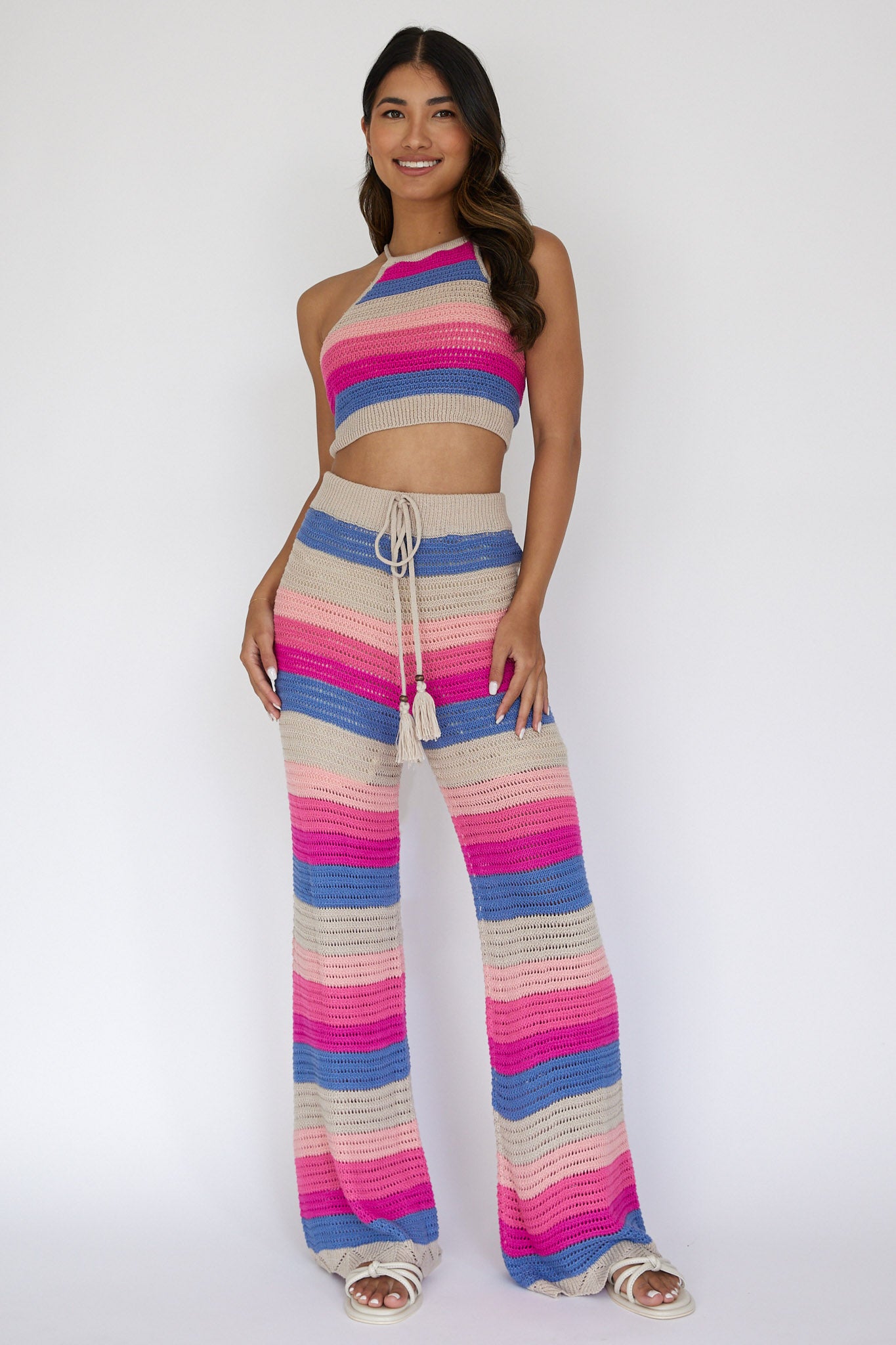 Dream Believer Crochet Tied Top Stripe Pink Multi-Maymioy