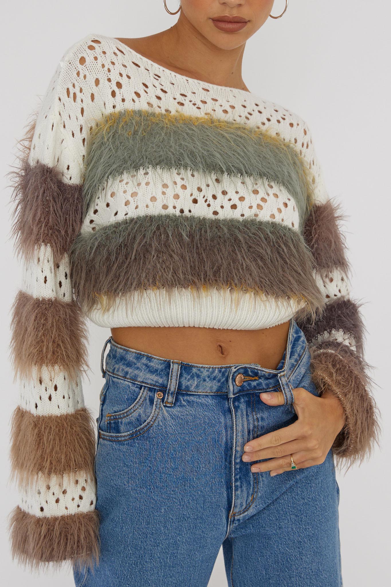 Borealis Fur Trim Knit Sweater Brown-Maymioy