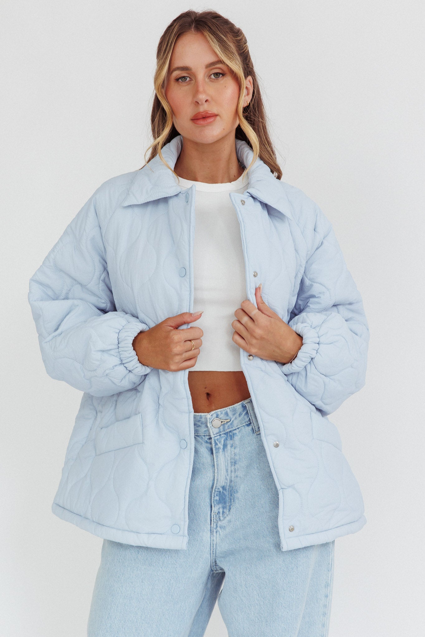 By The Fireplace Quilted Puffer Jacket Baby Blue-Maymioy