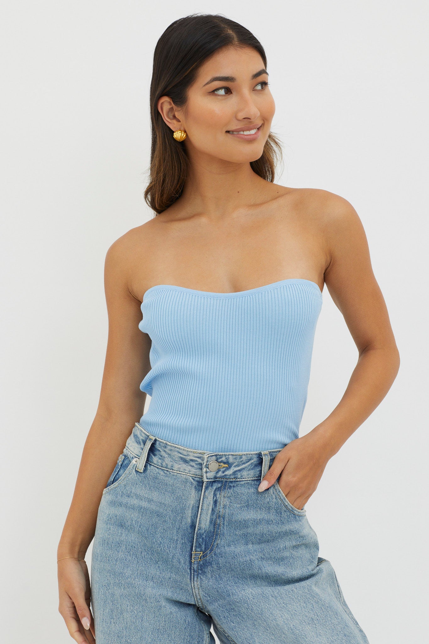 Flora Strapless Knit Top Blue-Maymioy