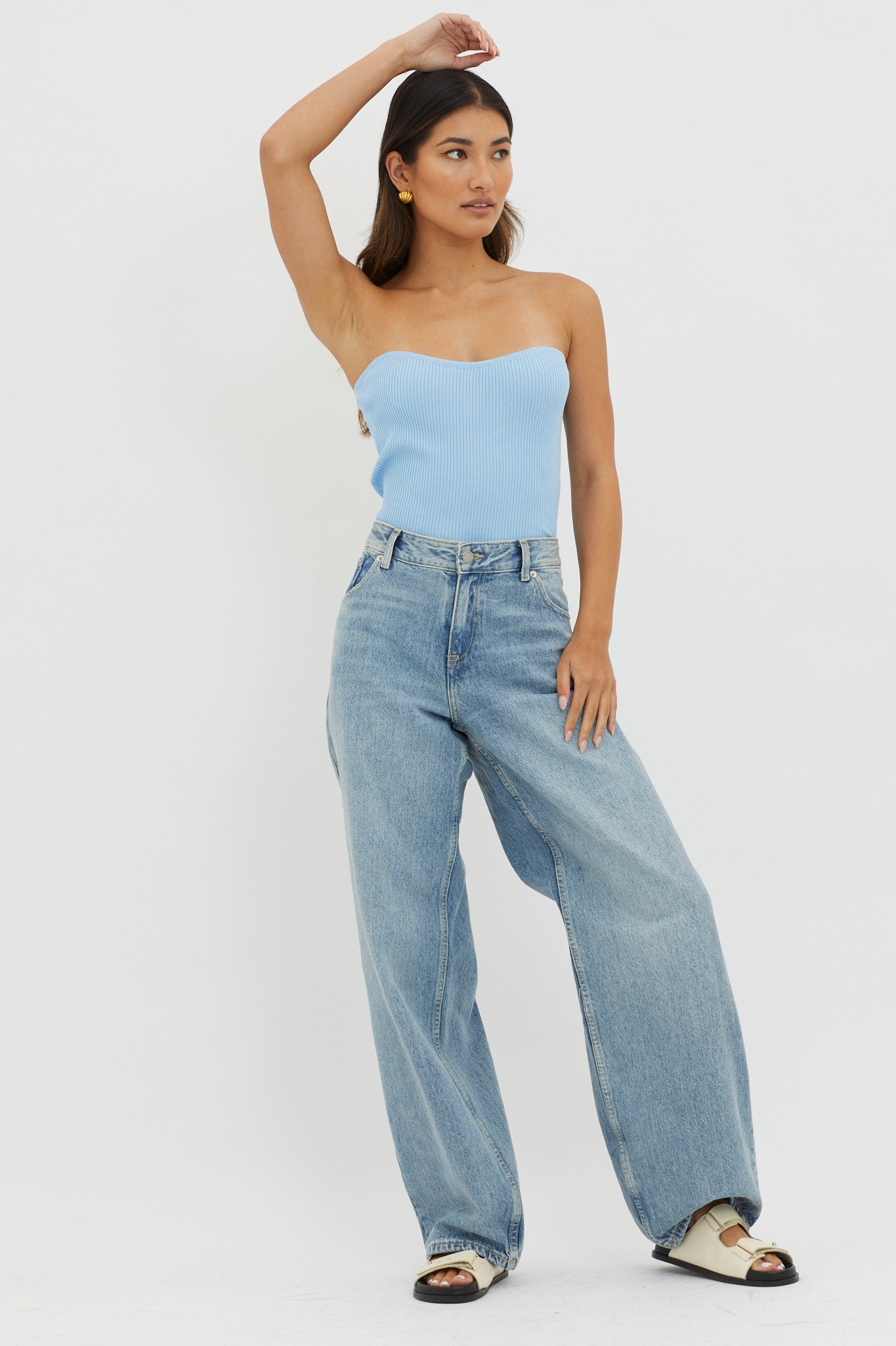 Flora Strapless Knit Top Blue-Maymioy