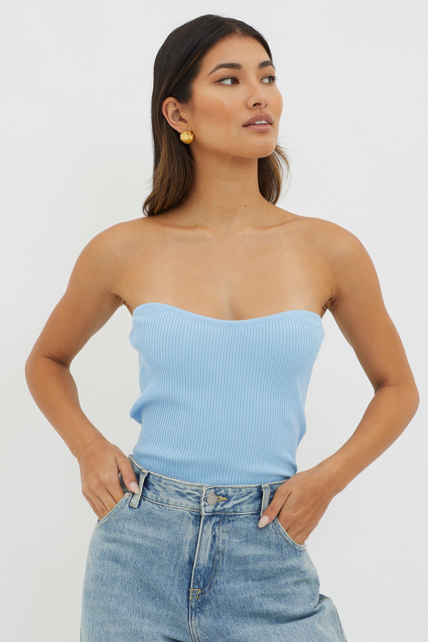 Flora Strapless Knit Top Blue-Maymioy