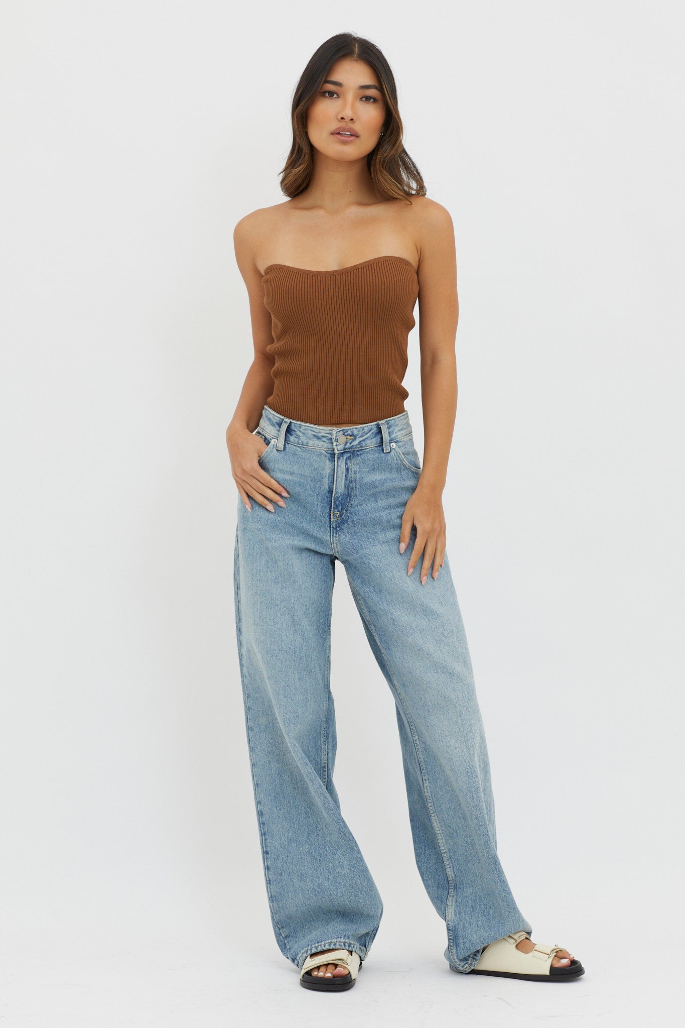 Flora Strapless Knit Top Chocolate-Maymioy