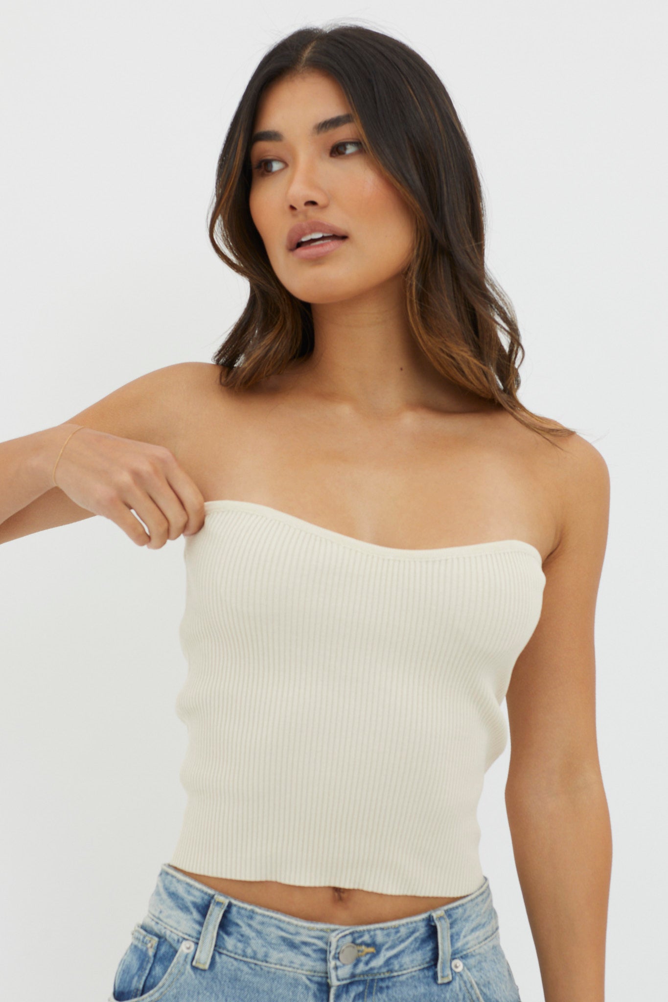 Flora Strapless Knit Top Cream-Maymioy