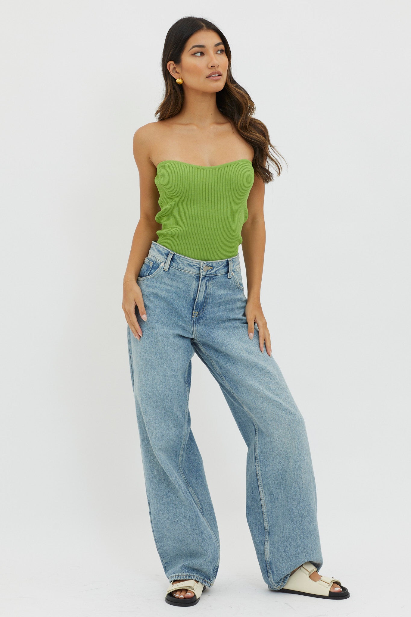 Flora Strapless Knit Top Green-Maymioy
