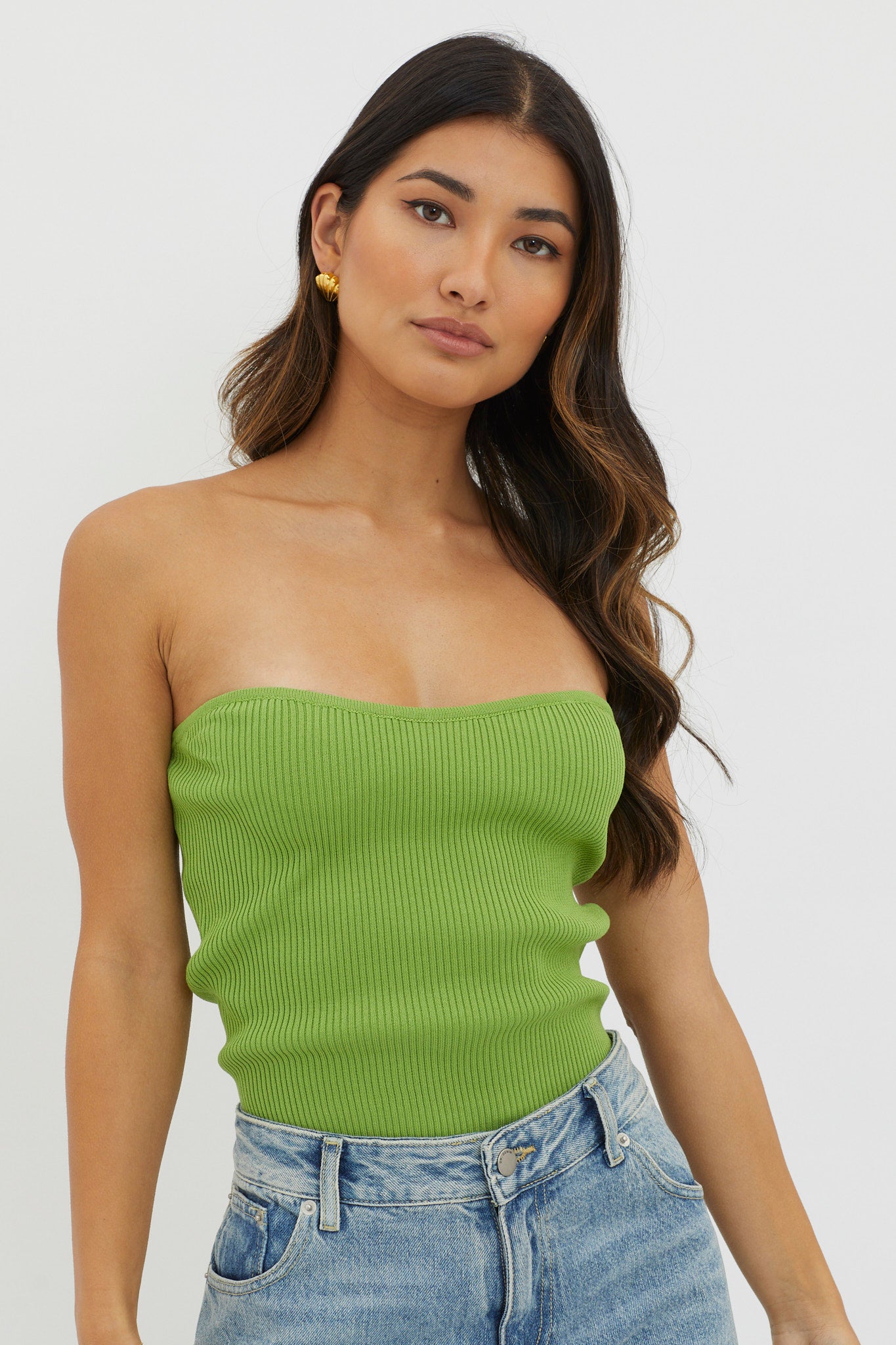 Flora Strapless Knit Top Green-Maymioy